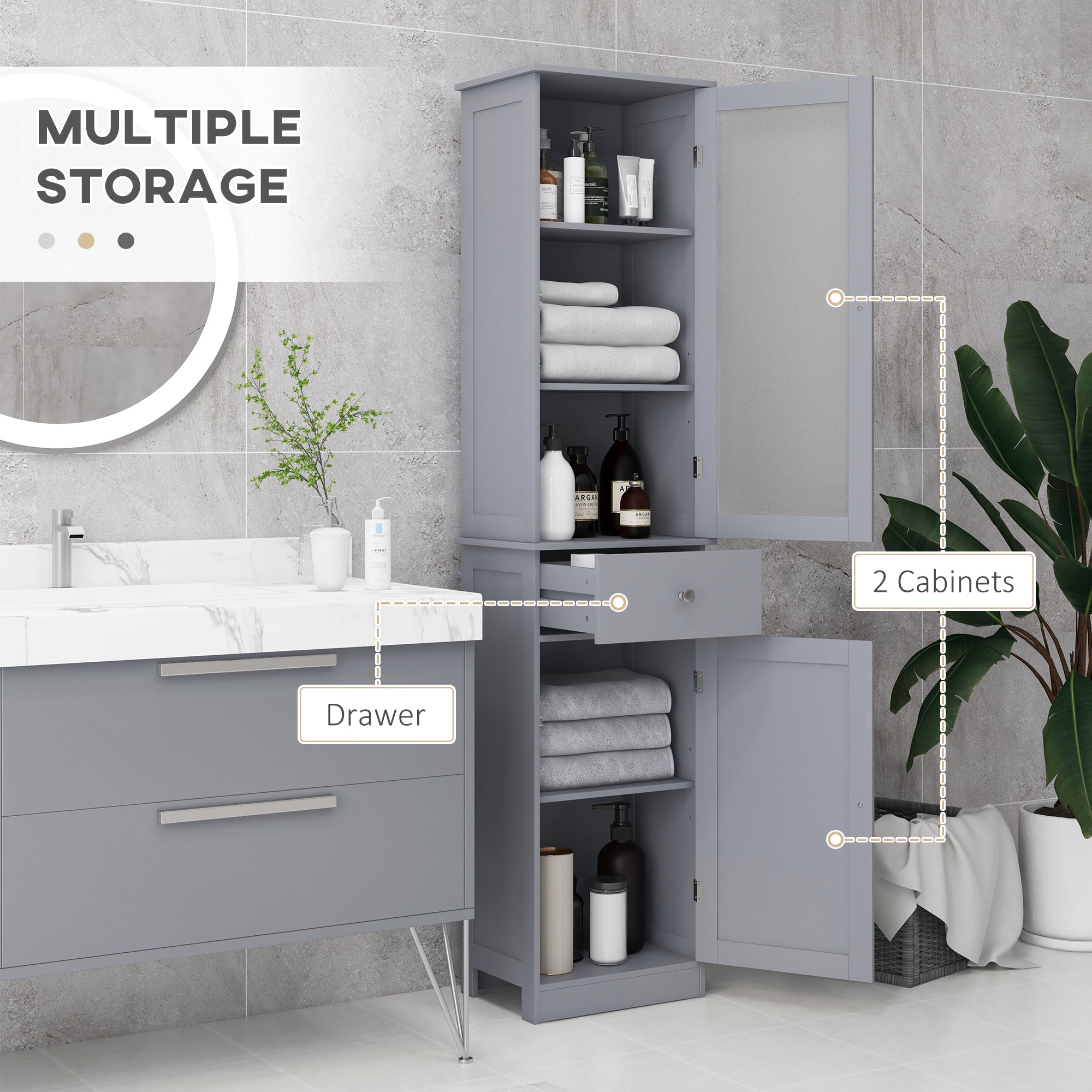 Bathroom Storage Cabinet with 3-tier Shelf Drawer Door, Floor Cabinet Free Standing Tall Slim Side Organizer Shelves, Grey