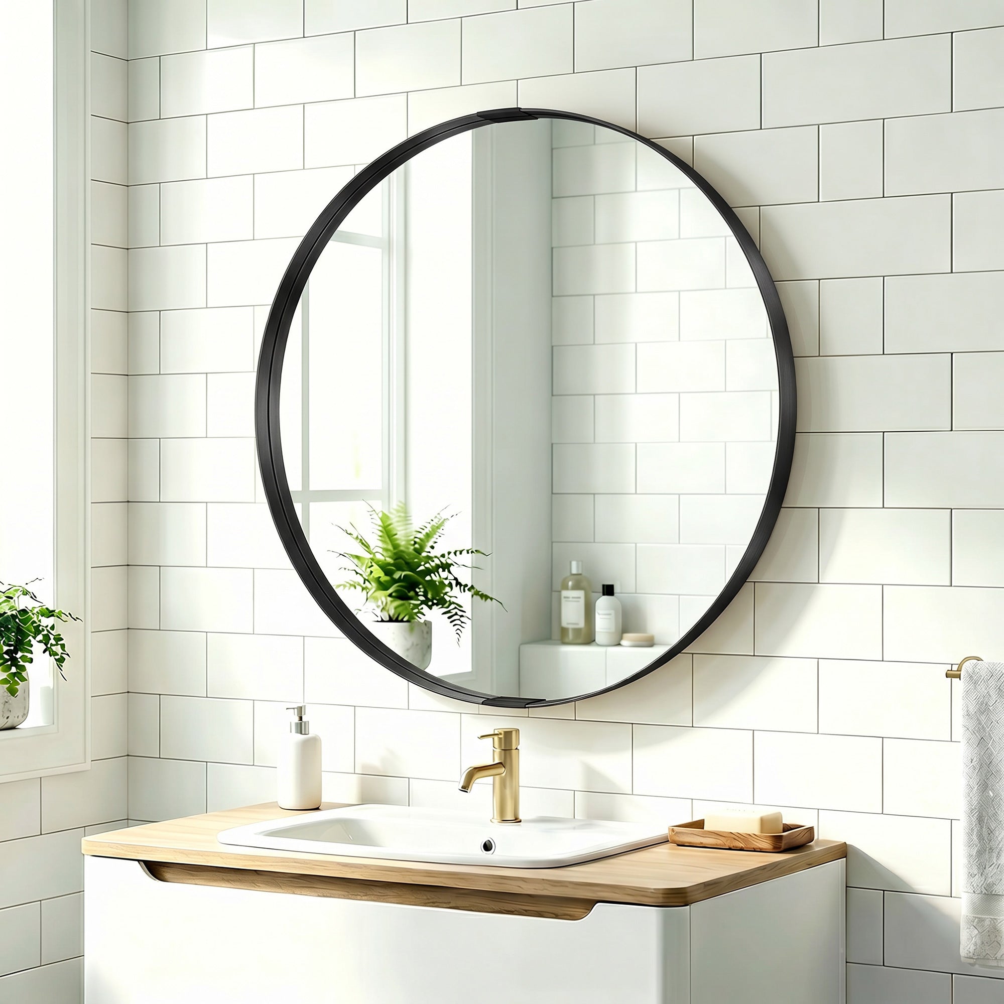 Round Wall Mirror 61 cm, Wall Mounted Bathroom Mirror with Tempered Safety Glass and Aluminium Alloy Frame, Black