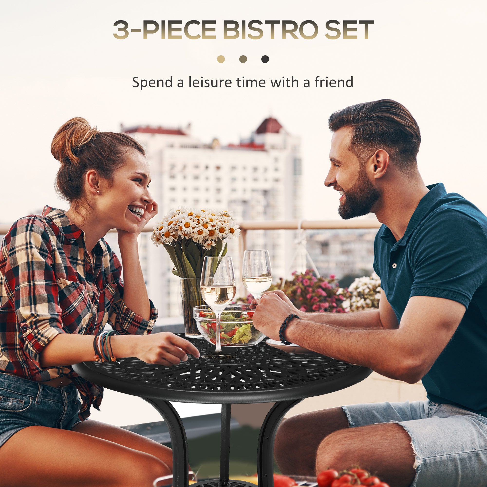 3 Piece Garden Bistro Set, Cast Aluminium Outdoor Furniture Set with Umbrella Hole for Balcony, Porch, Patio, Black