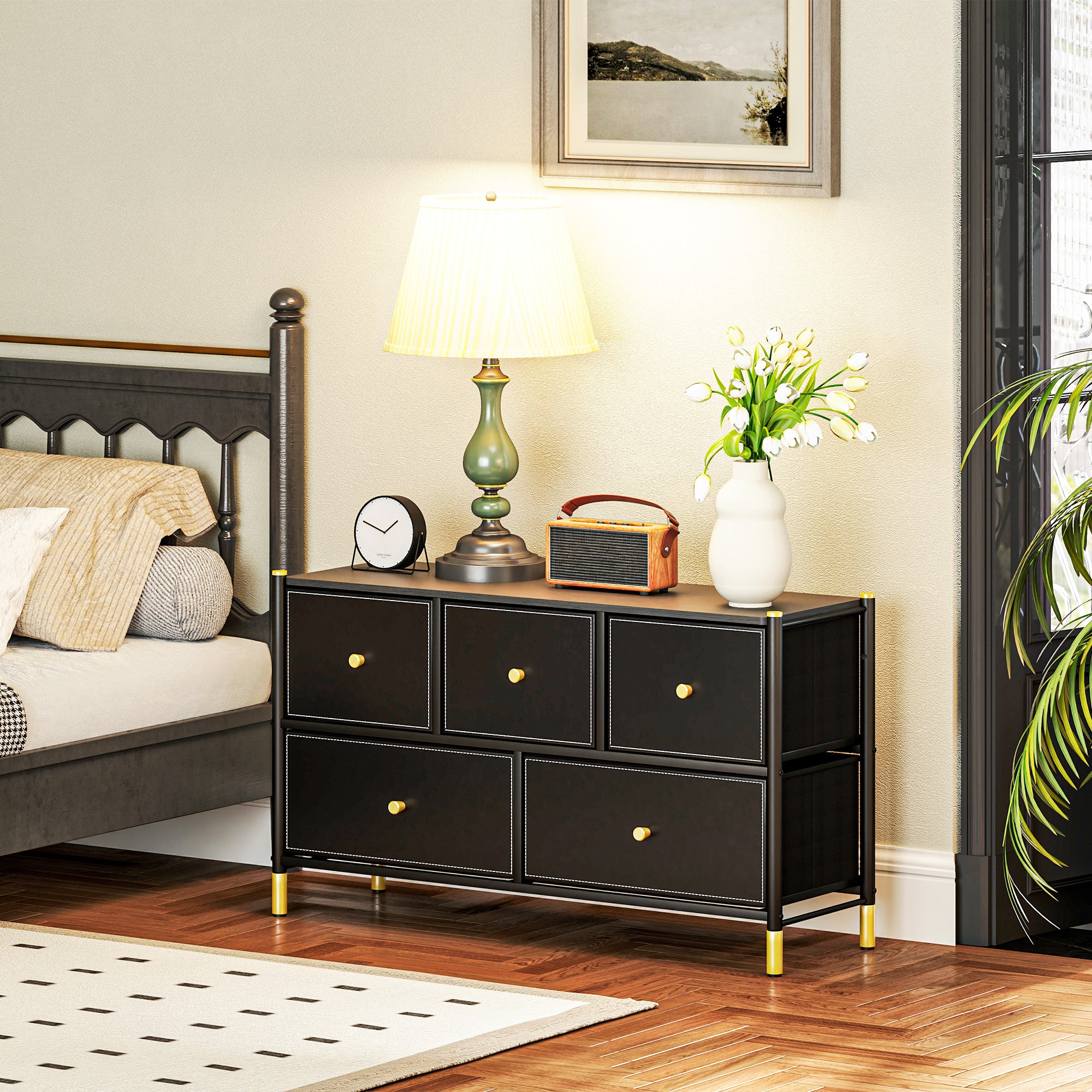 Chest of Drawers, 5 Drawer Fabric Dresser with PU Leather Surface, Steel Frame, Storage Organizer Unit for Bedroom, Living Room, Hallway, Closet, Easy to Assemble, Black