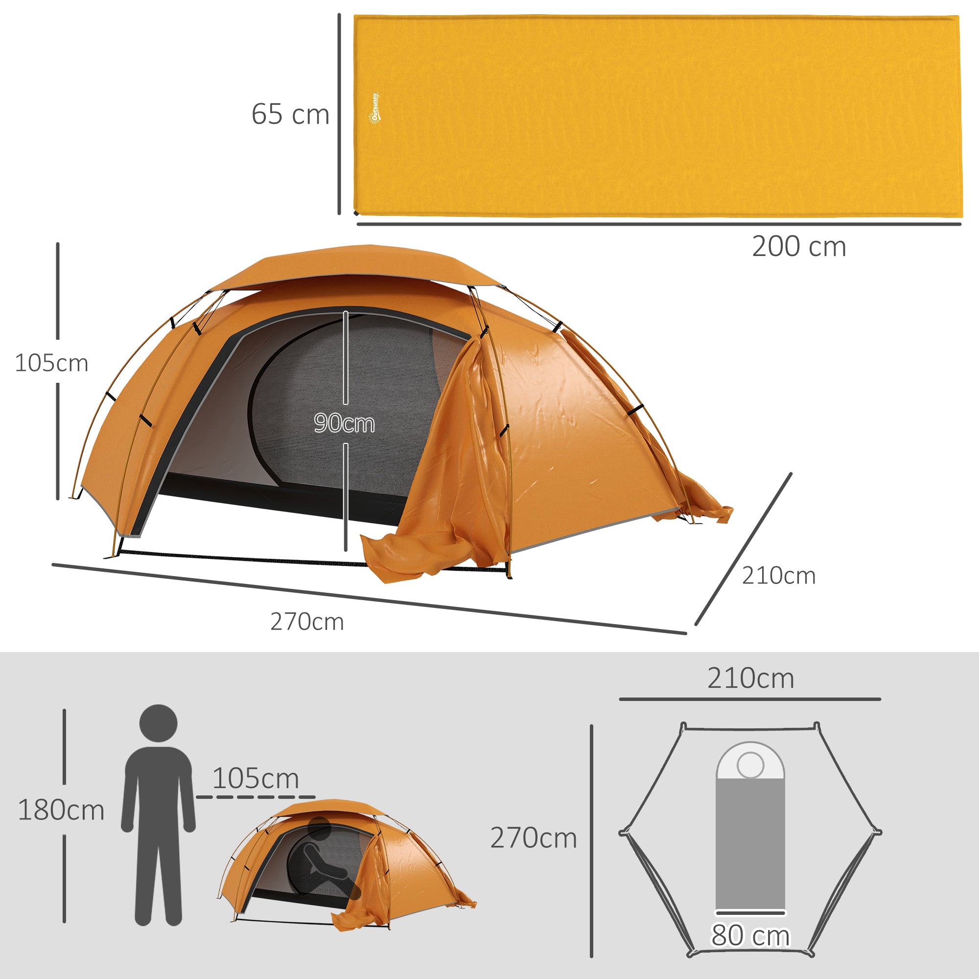 Camping Tent with Self Inflatable Mattress, 1 Person Dome Tent with Removable Rainfly and Aluminium Frame, 2000mm Waterproof, Portable with Bags, for Fishing Hiking, Orange/Khaki