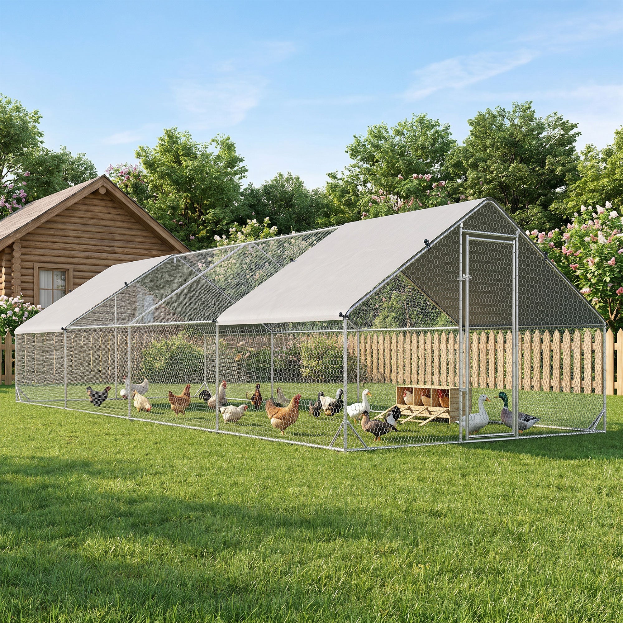 Chicken Run Galvanised Walk-in Chicken Coop Hen Poultry House Cage Rabbit Hutch with Water-Resist Cover, 3 x 8 x 2m