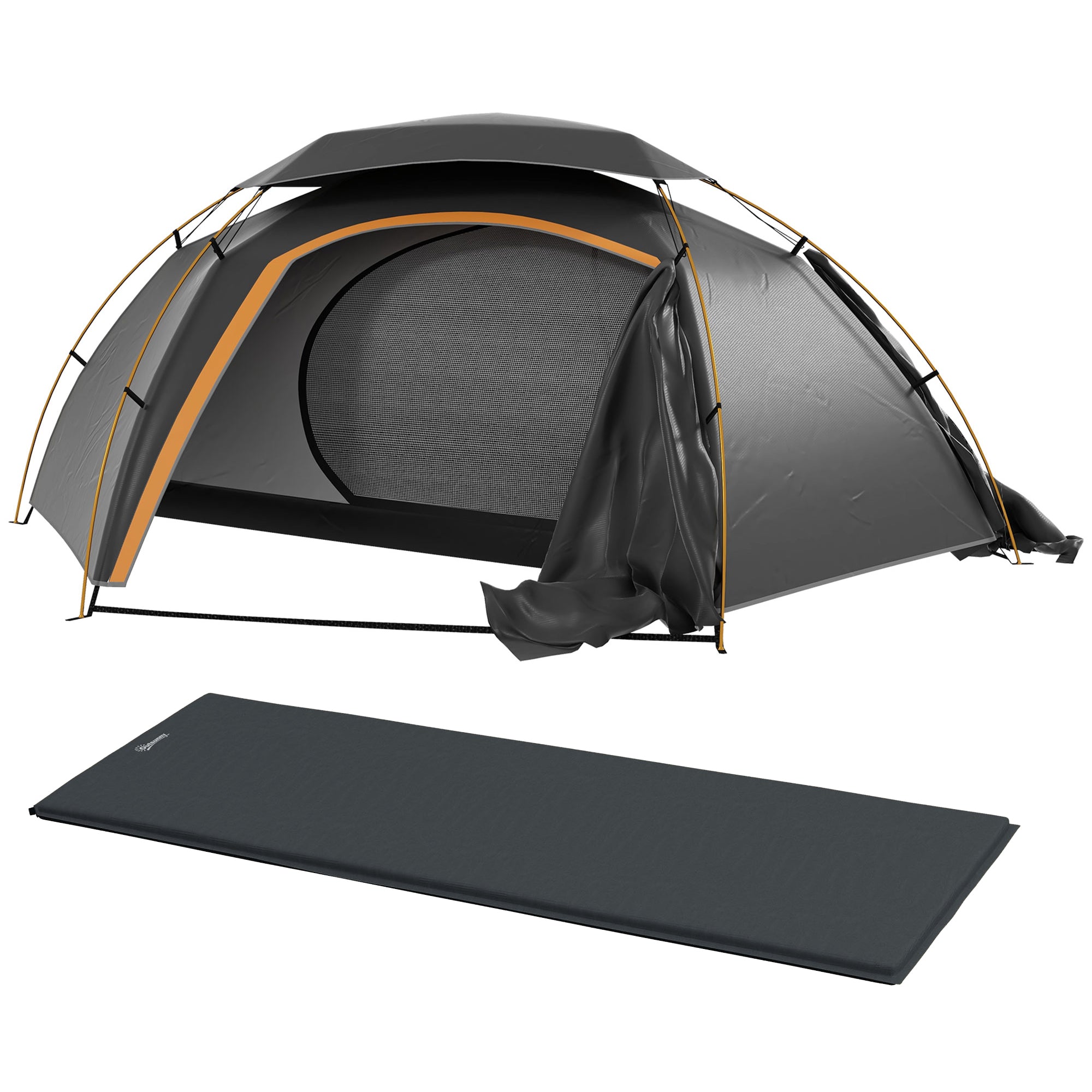 Camping Tent with Self Inflatable Mattress, 1 Person Dome Tent with Removable Rainfly and Aluminium Frame, 2000mm Waterproof, Portable with Bags, for Fishing Hiking, Dark Grey/Grey