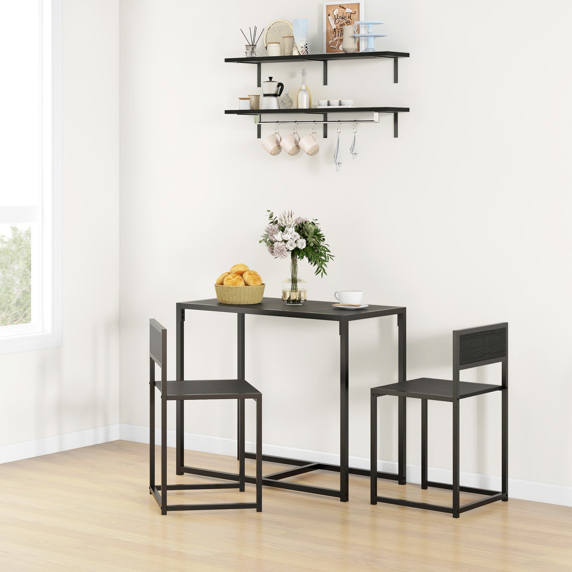 HOMCOM Dining Table and Chairs Set 2, Dining Room Sets, Rectangular Space Saving Table and 2 Chairs for Compact Kitchens, Steel Frame, Black