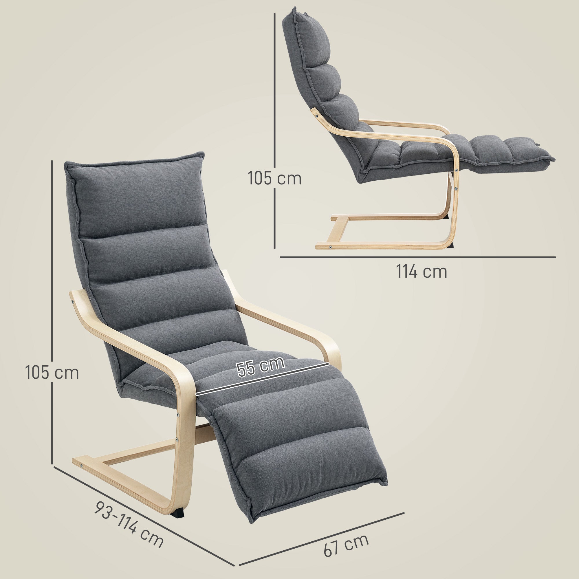Curved Wooden Accent Lounge Chair with Adjustable Footrest - Drak Grey