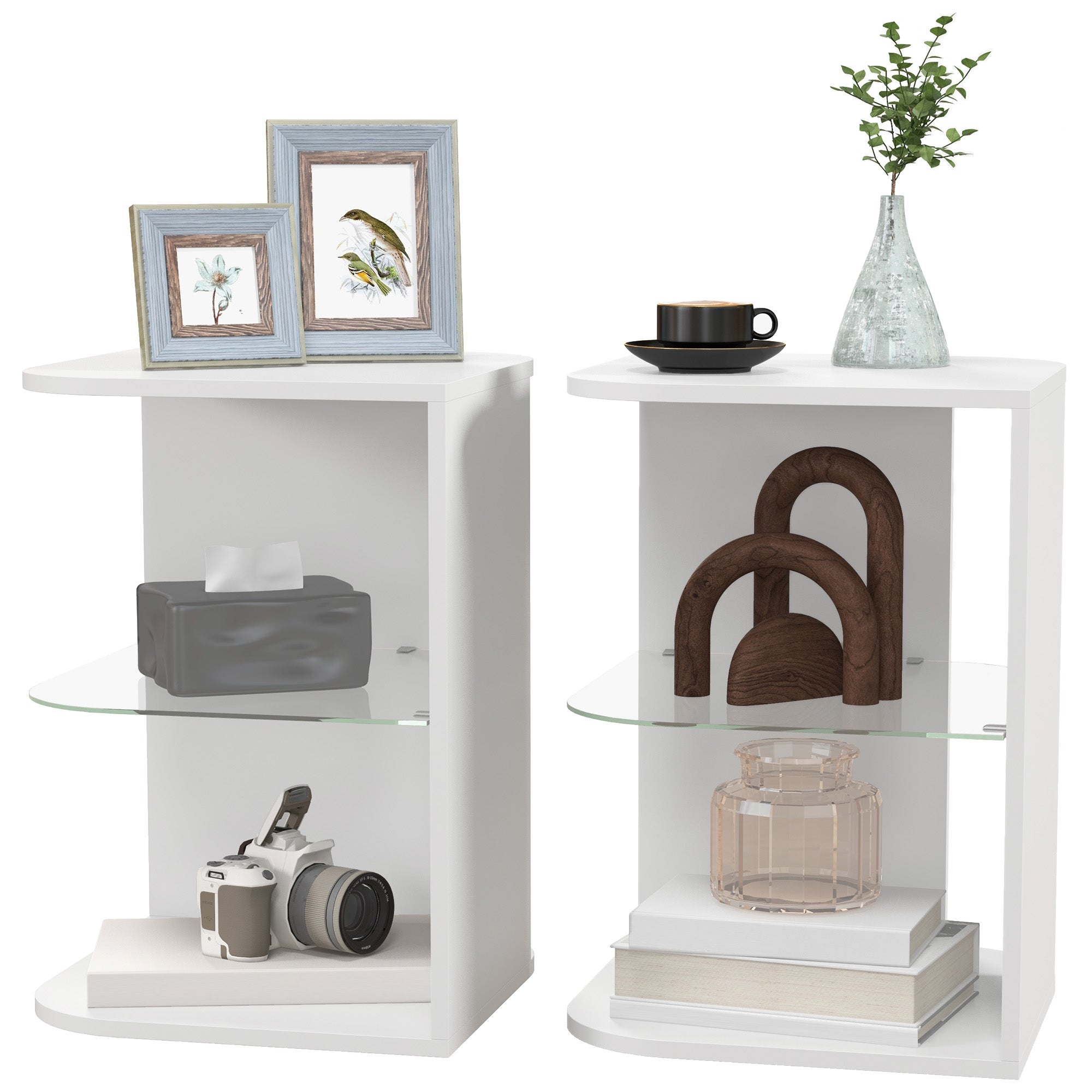 Modern Side Table Set of 2, Three Layer Bedside Table Nightstand with 2 Storage Shelves, for Living room, Bedroom, White