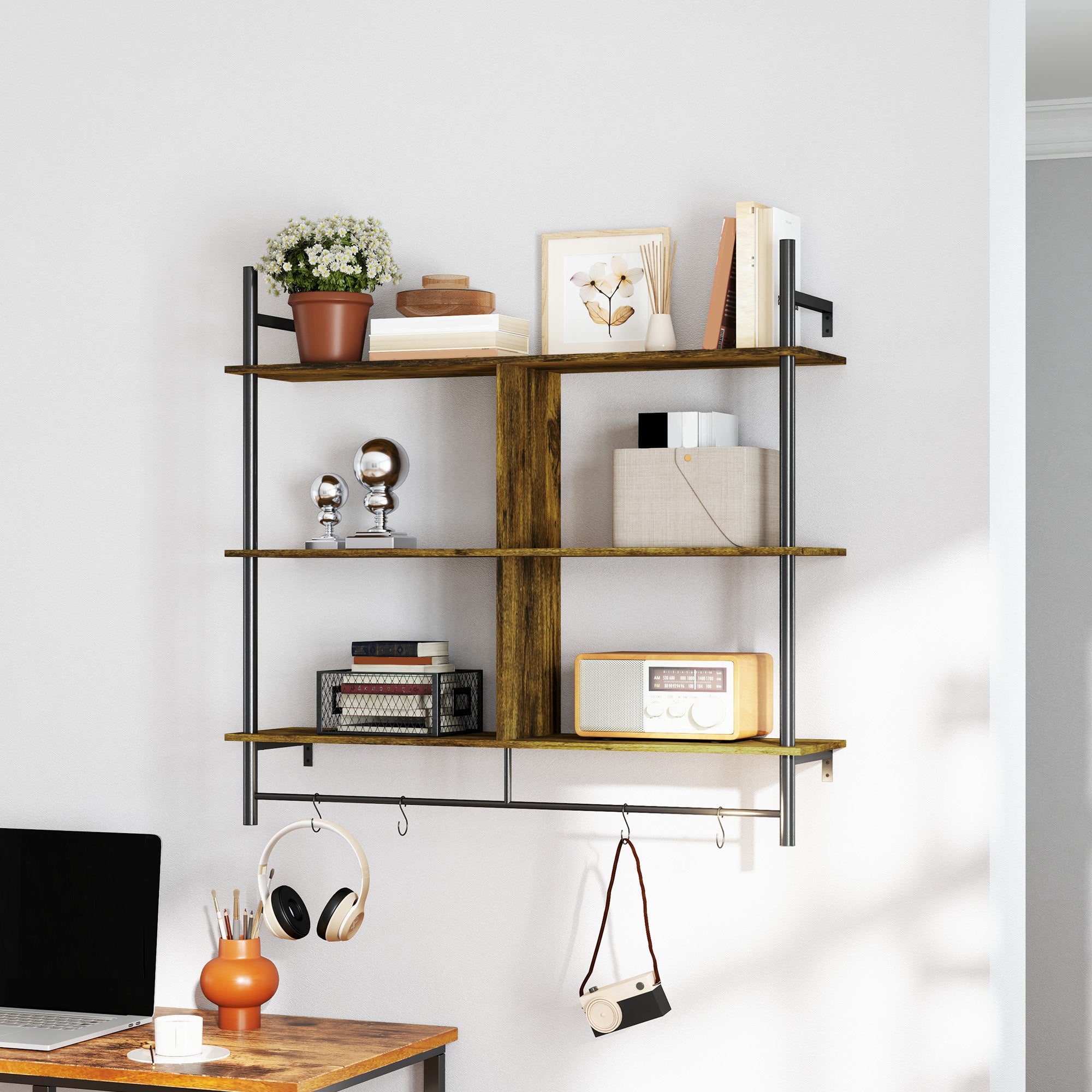 Three-Tier Floating Wall Shelf with Hooks - Brown/Black