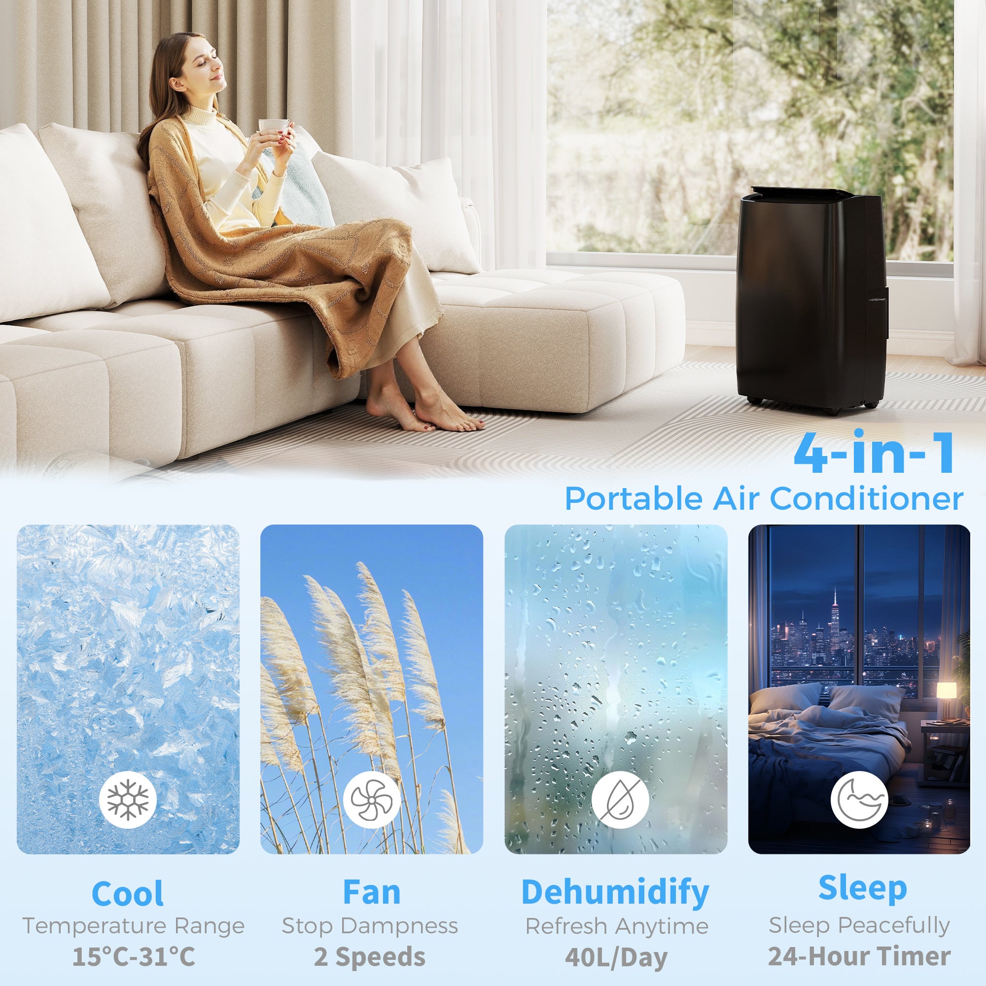 Portable Air Conditioner 14000 BTU, 4-in-1 Air Conditioning Unit, Dehumidifier, Cooling, Fan, Children Lock, 40m²