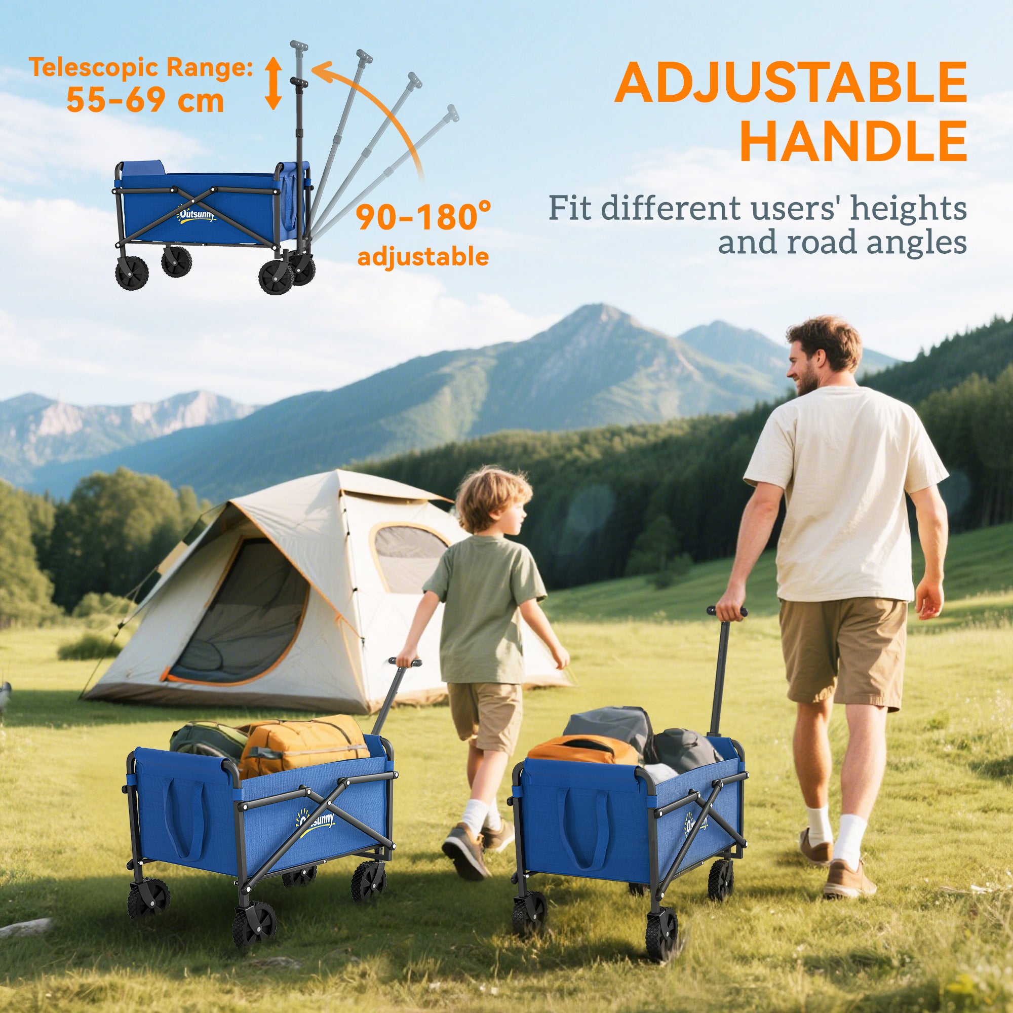 62L Festival Trolley on Wheels, Portable Small Folding Trolley Cart, 60kg Heavy Duty Collapsible Foldable Wagon with Adjustable Handle and Carrying Bag for Beach, Camping, Garden, Blue