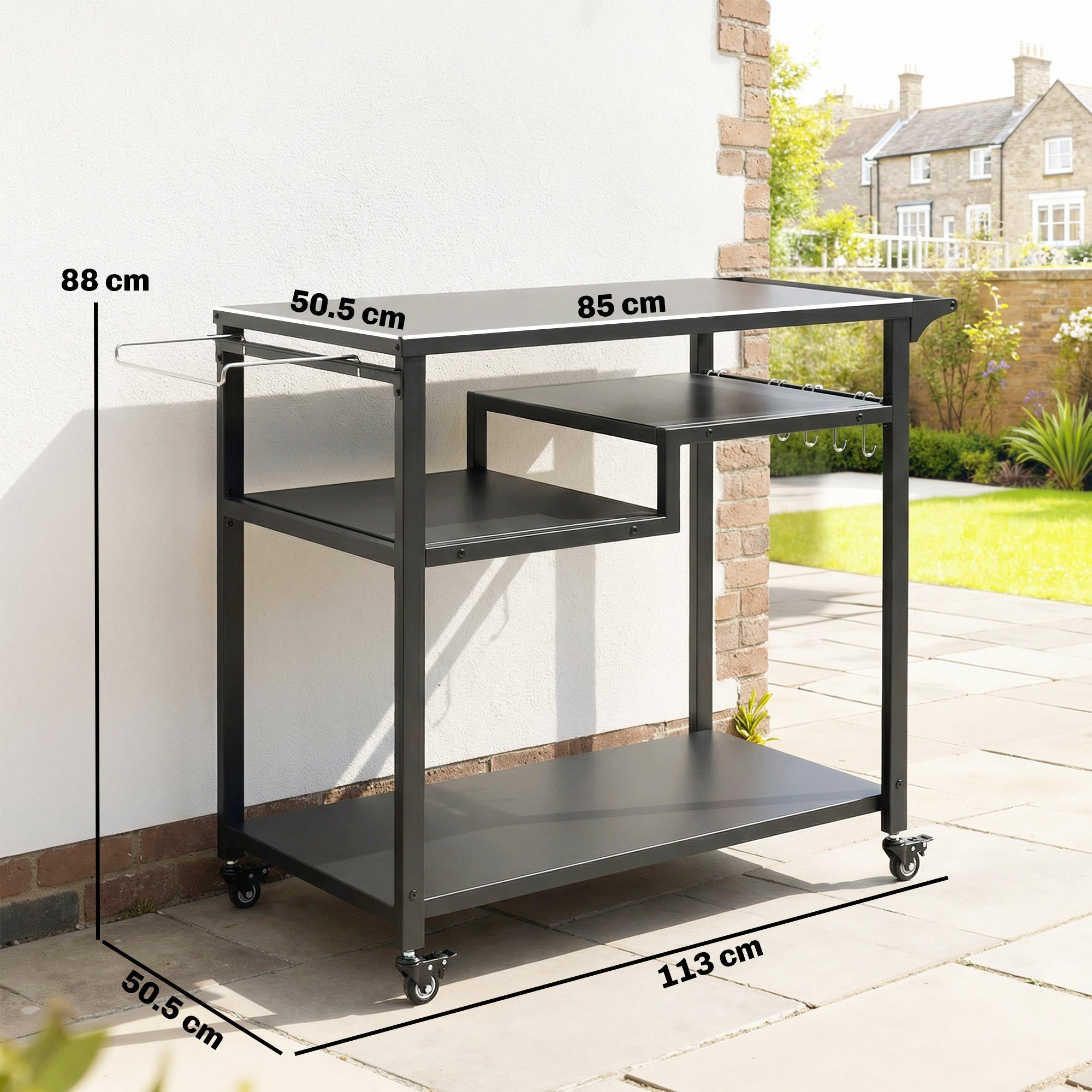 Outdoor Grill Cart, Three-Tier Pizza Oven Stand with Steel Tabletop, Hooks, Rubbish Bag Holder, Wheels, Black