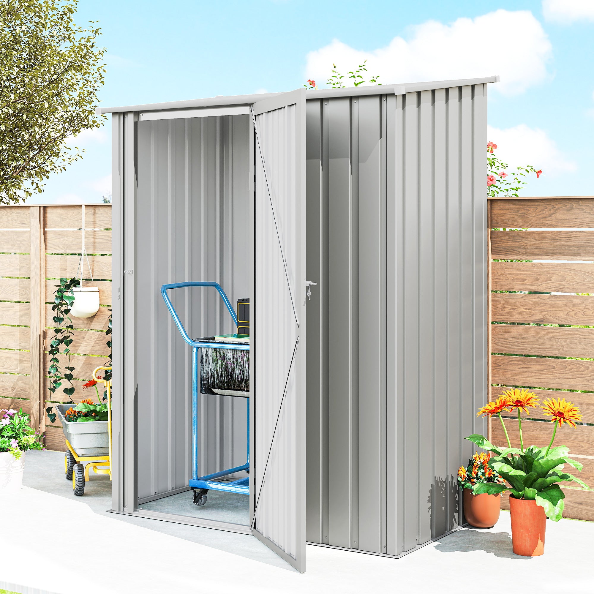 5ft x 3ft Garden Storage Shed, Outdoor Metal Shed with Sloped Roof, Aluminium Grey