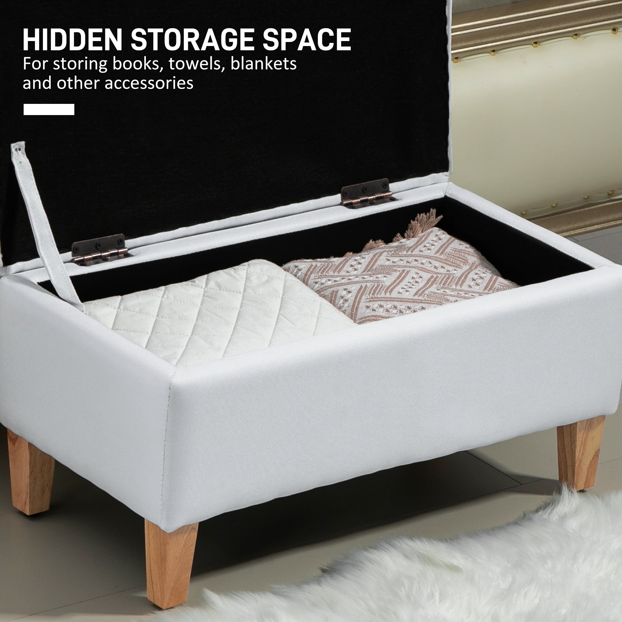 Linen Storage Ottoman Padded Footstool with Rubberwood Legs for Storage Box, Bed End, Shoe Bench, Seating, Cream White