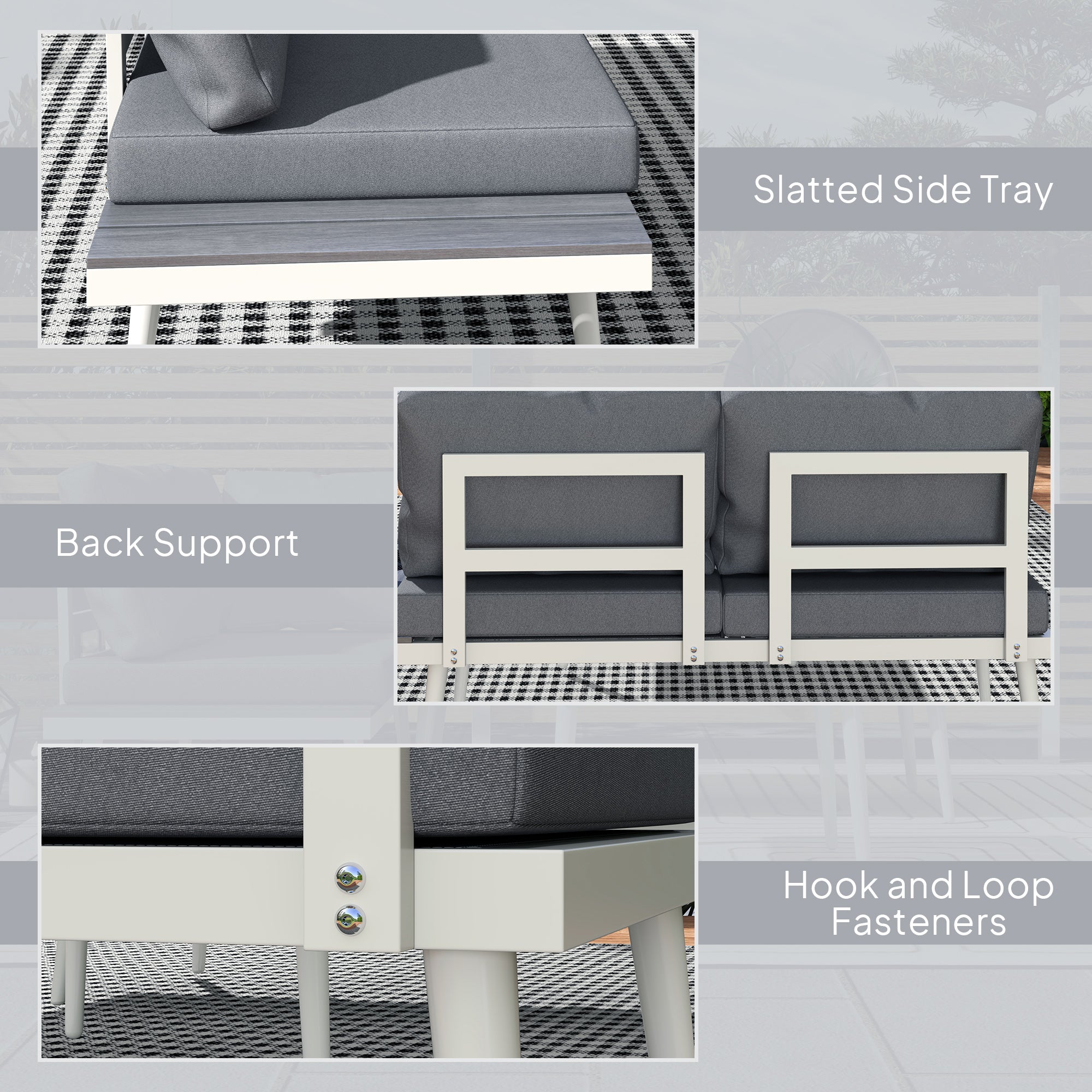 3 Piece Garden Furniture Set with 5-Level Adjustable Lounger, L Shaped Garden Corner Sofa with Cushions, Mesh Seat, Slatted Wood-Grain Table, Outdoor Furniture Set for Conservatory, Grey