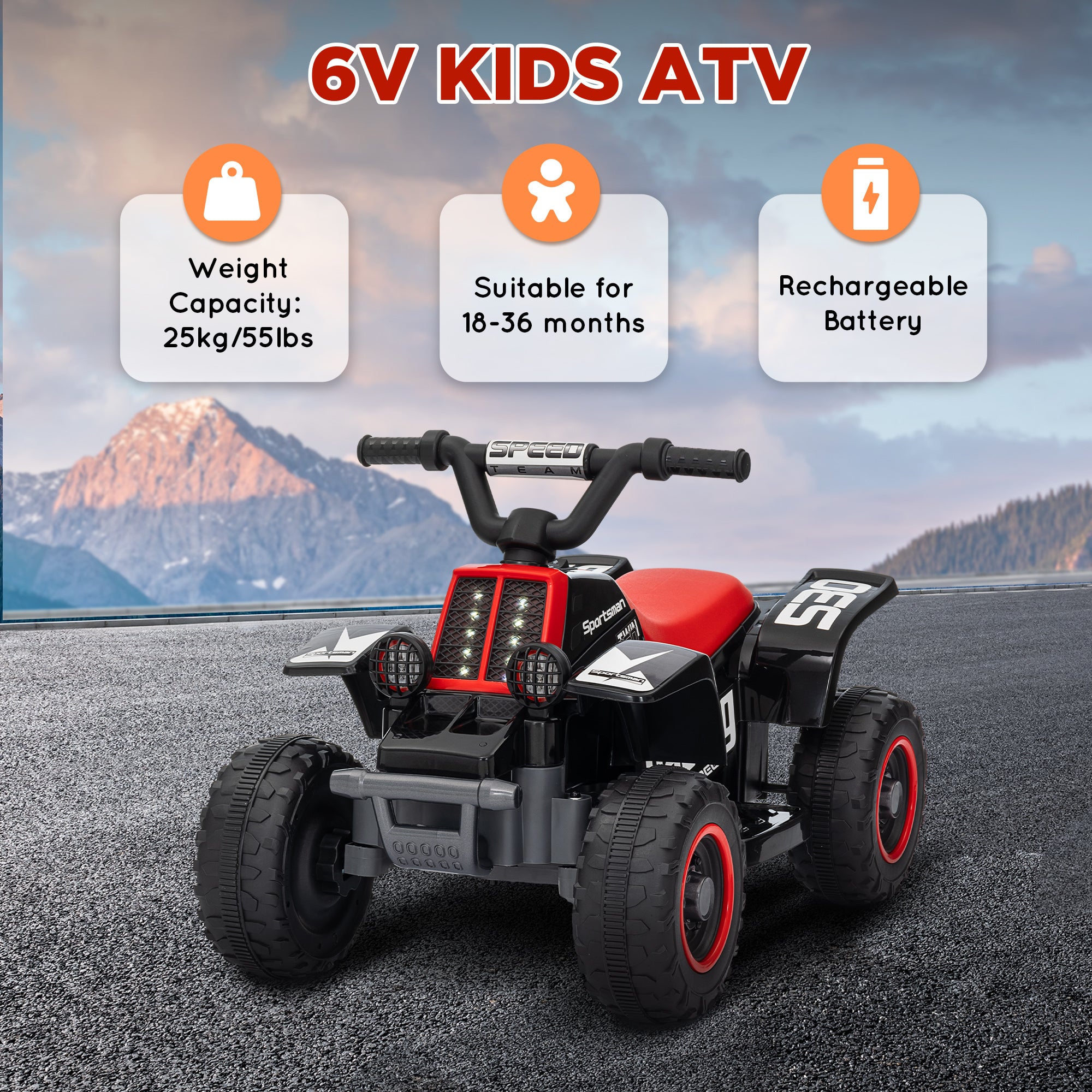 6V Electric Quad Bike for Kids, Ride On ATV w/ Forward Backward, Headlights, for 18-36 Months, Black and Red