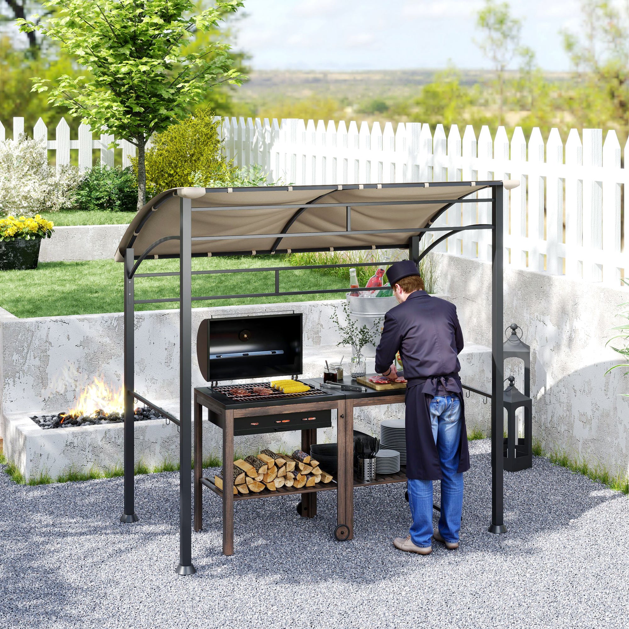 BBQ Grill Gazebo Tent with Metal Frame and Hooks - Khaki