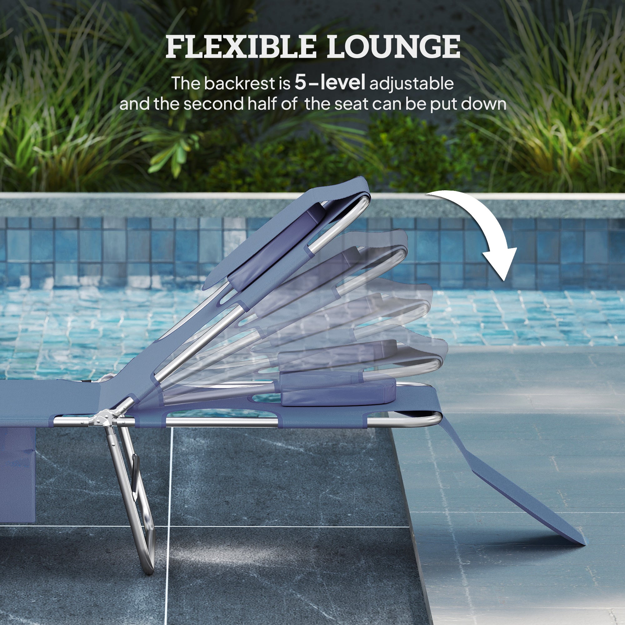 5-Position Adjustable Sun Loungers Set of 2 with Reading Hole and Side Pocket, Grey