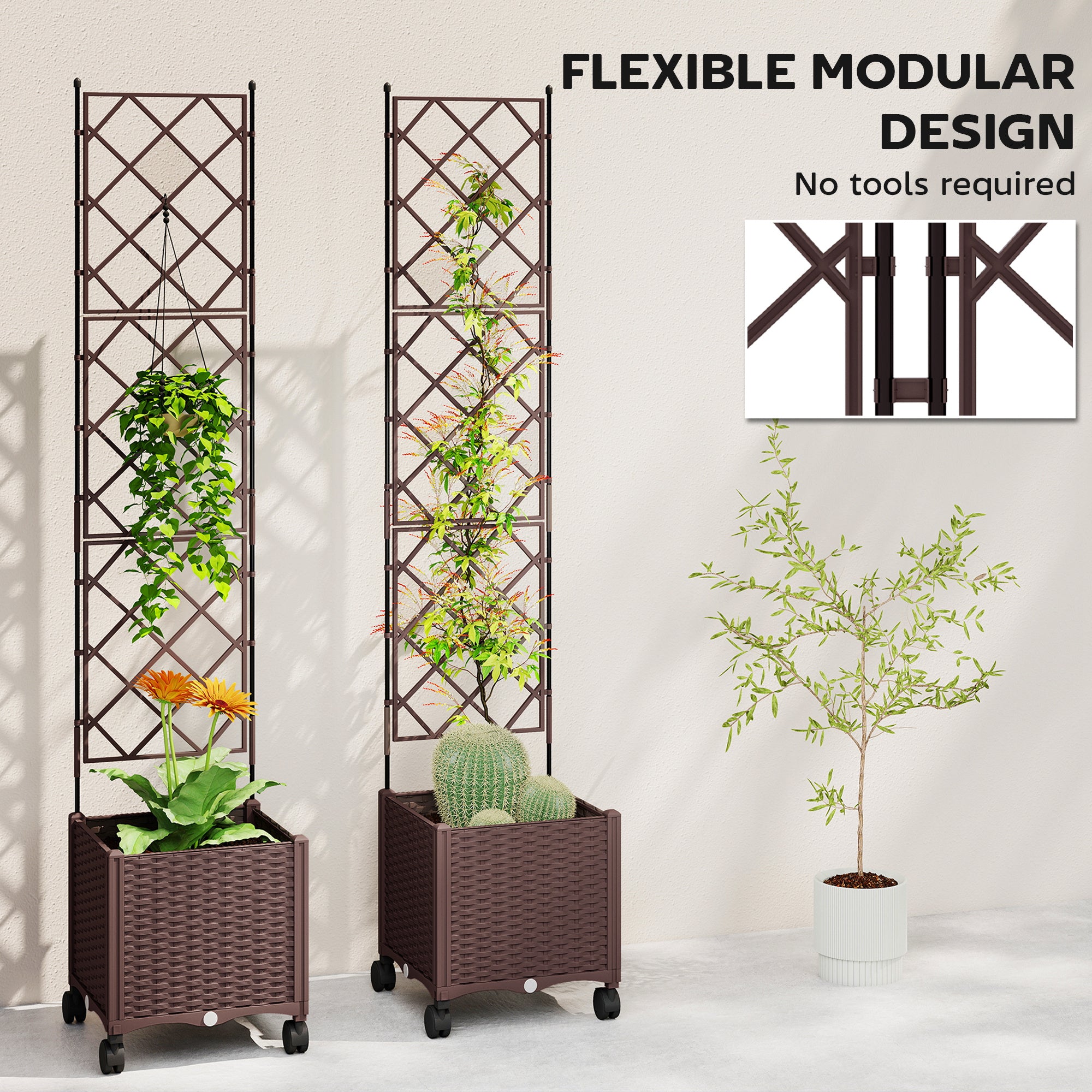 Plastic Raised Planter with Trellis, Self Watering Raised Bed for Garden with Wheels, Drainage Holes and Plugs