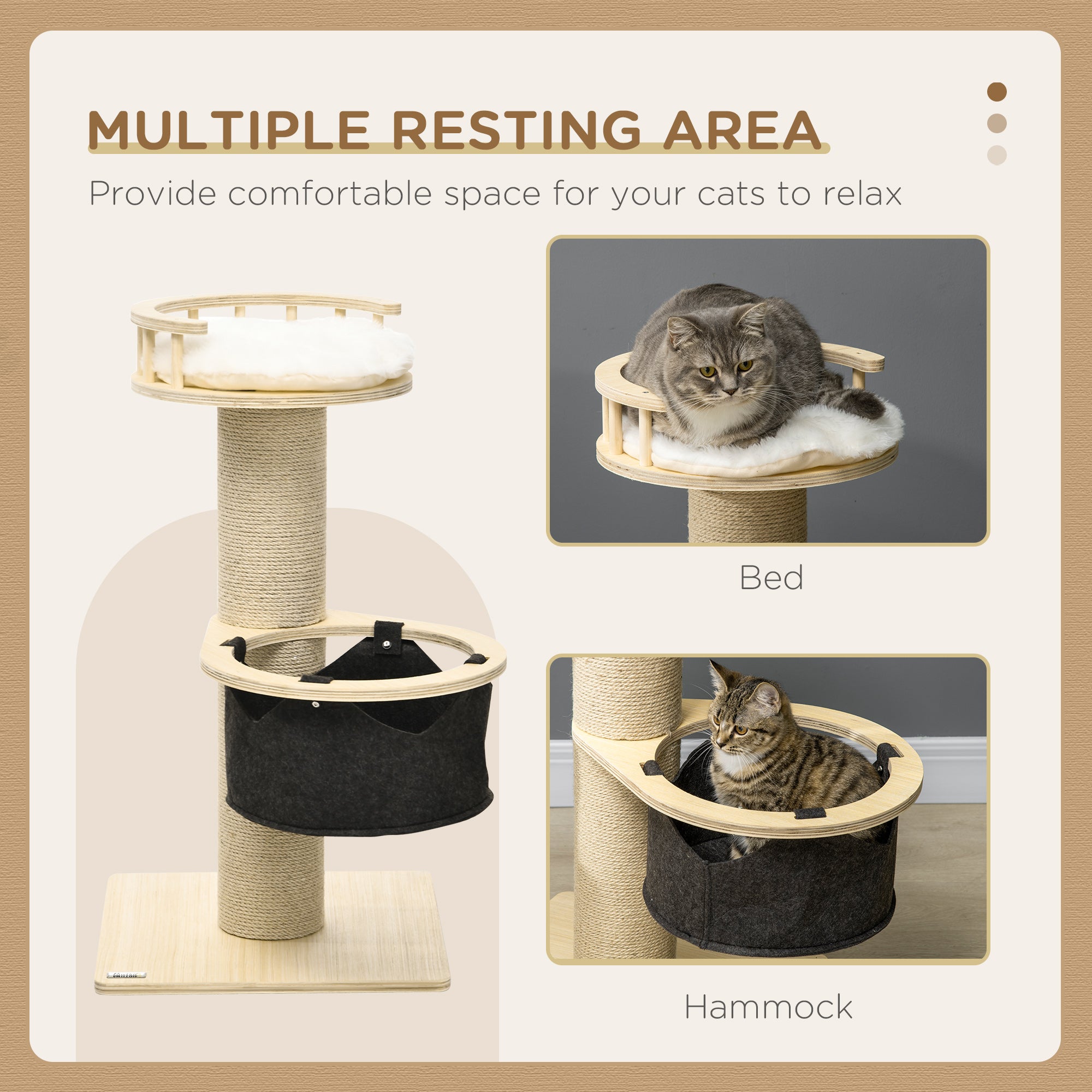 Cat Tree, with Hammock, Bed, Jute Scratching Post - Natural Finish