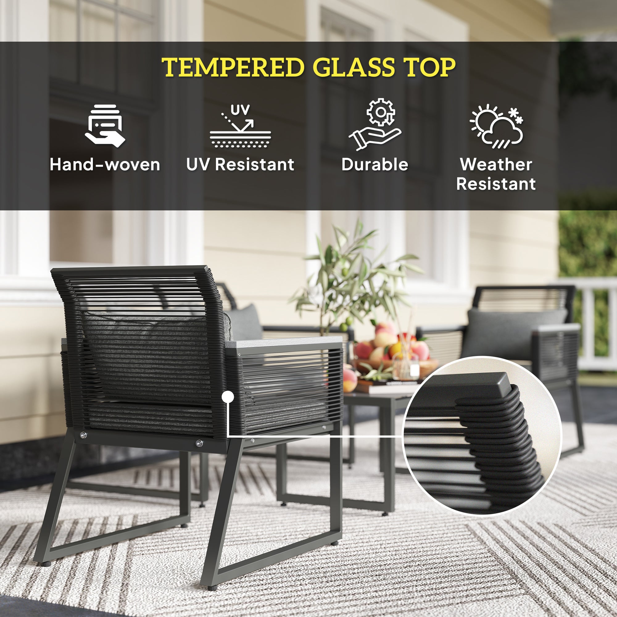 4 Piece PE Rattan Garden Furniture Set with Metal Frame - Charcoal Grey