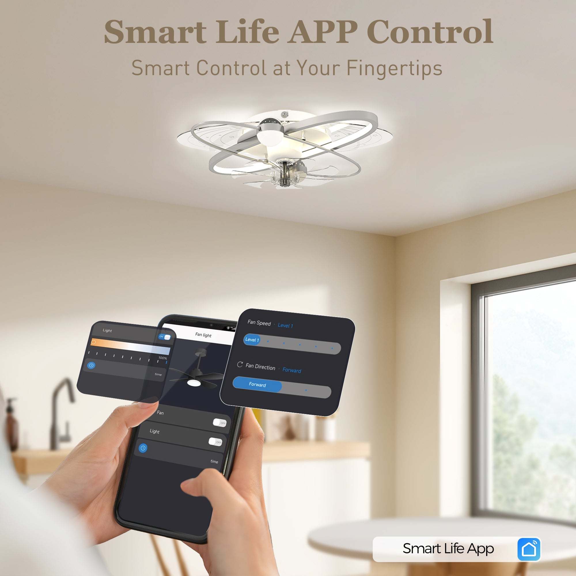 Ceiling Fan with Light and Remote, 3 Colour Temperatures, LED Mount Ceiling Fan Light for Bedroom, Silver Tone