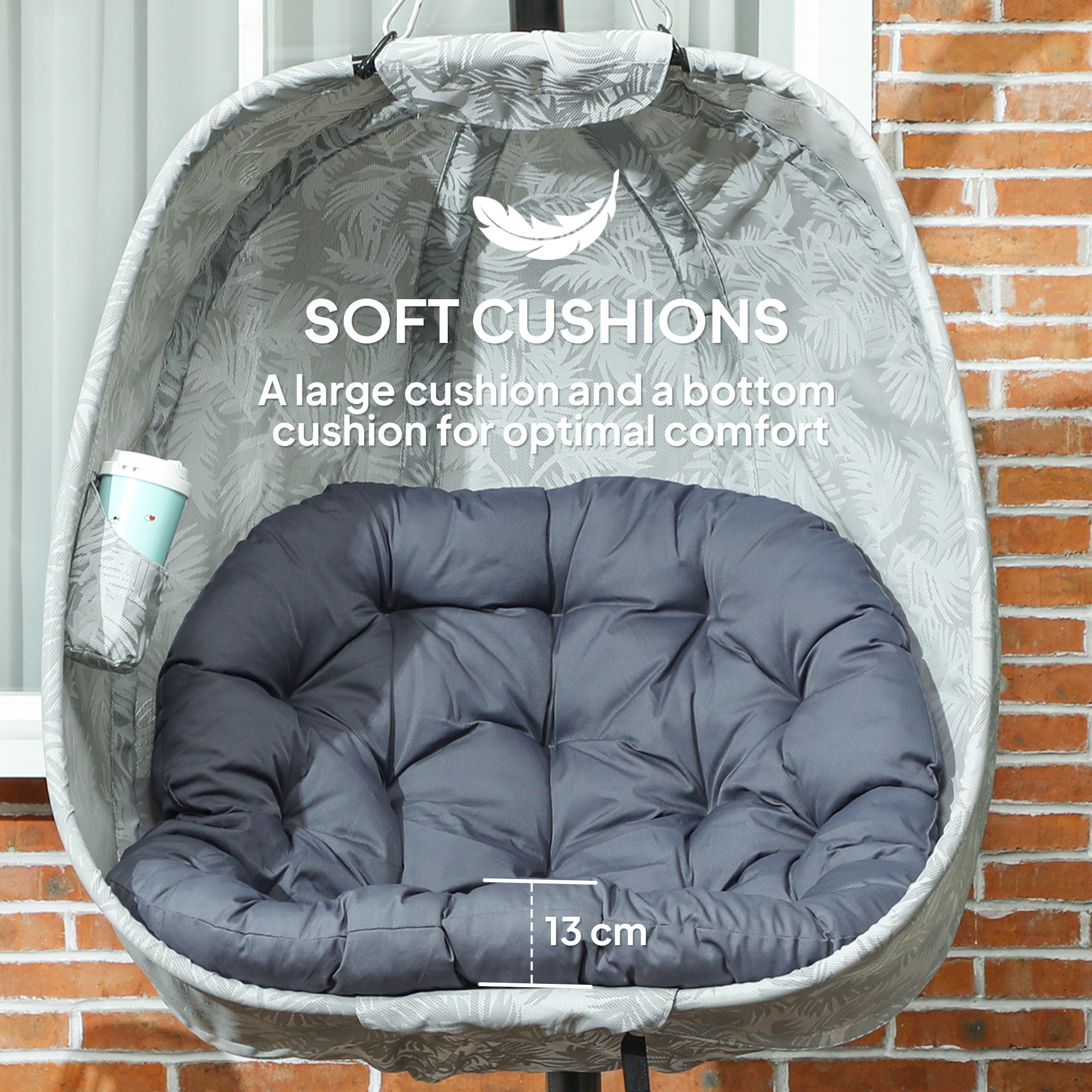 Hanging Egg Chair with Stand and Thick Cushion - Grey
