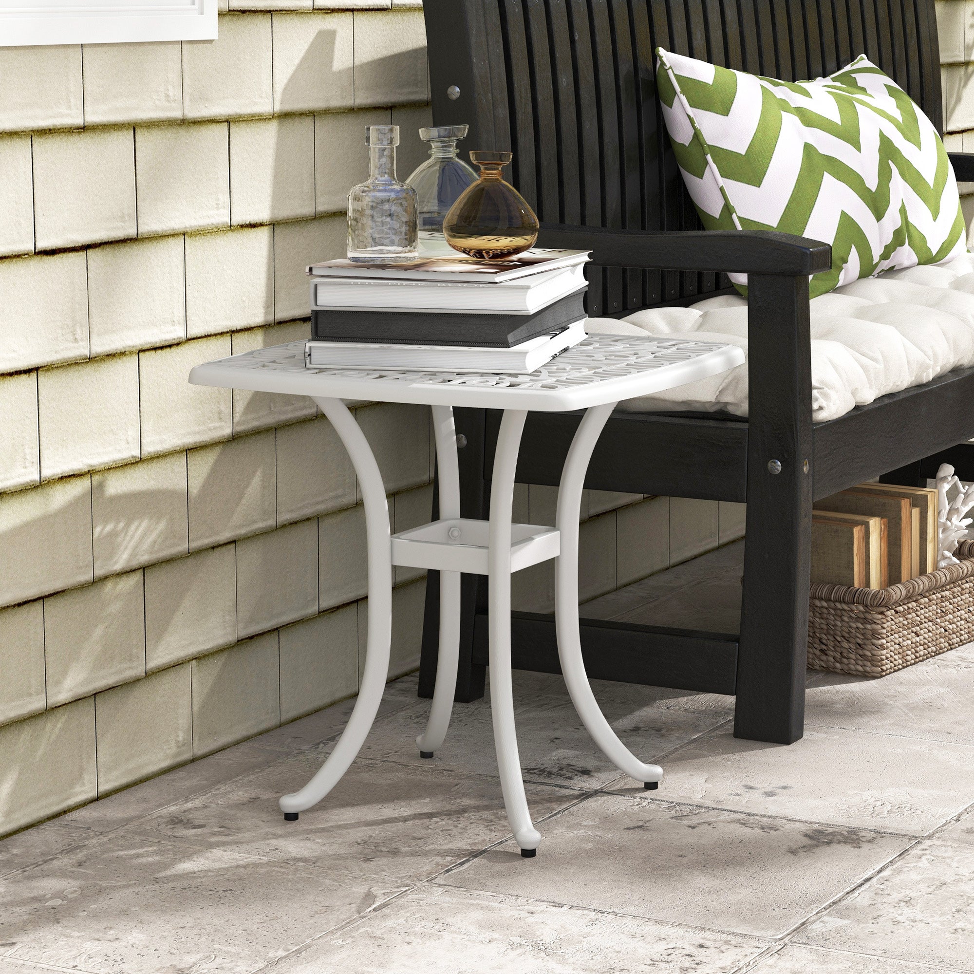 Cast Aluminium Square Bistro Table with Umbrella Hole for Balcony - White