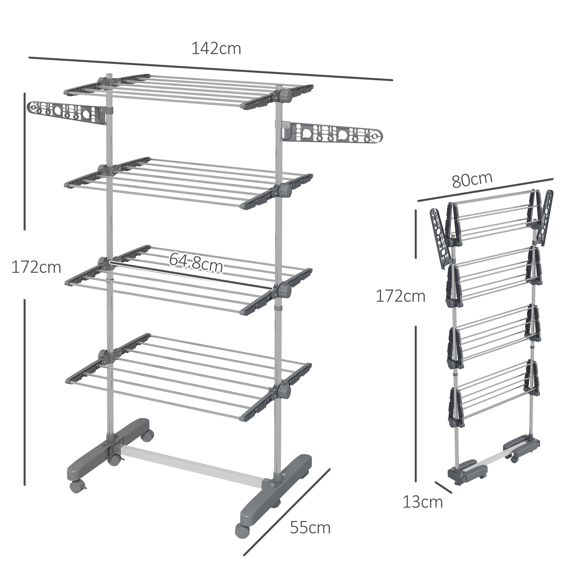 Four-Shelf Collapsible Clothes Horse with Side Arms and Wheels - Grey