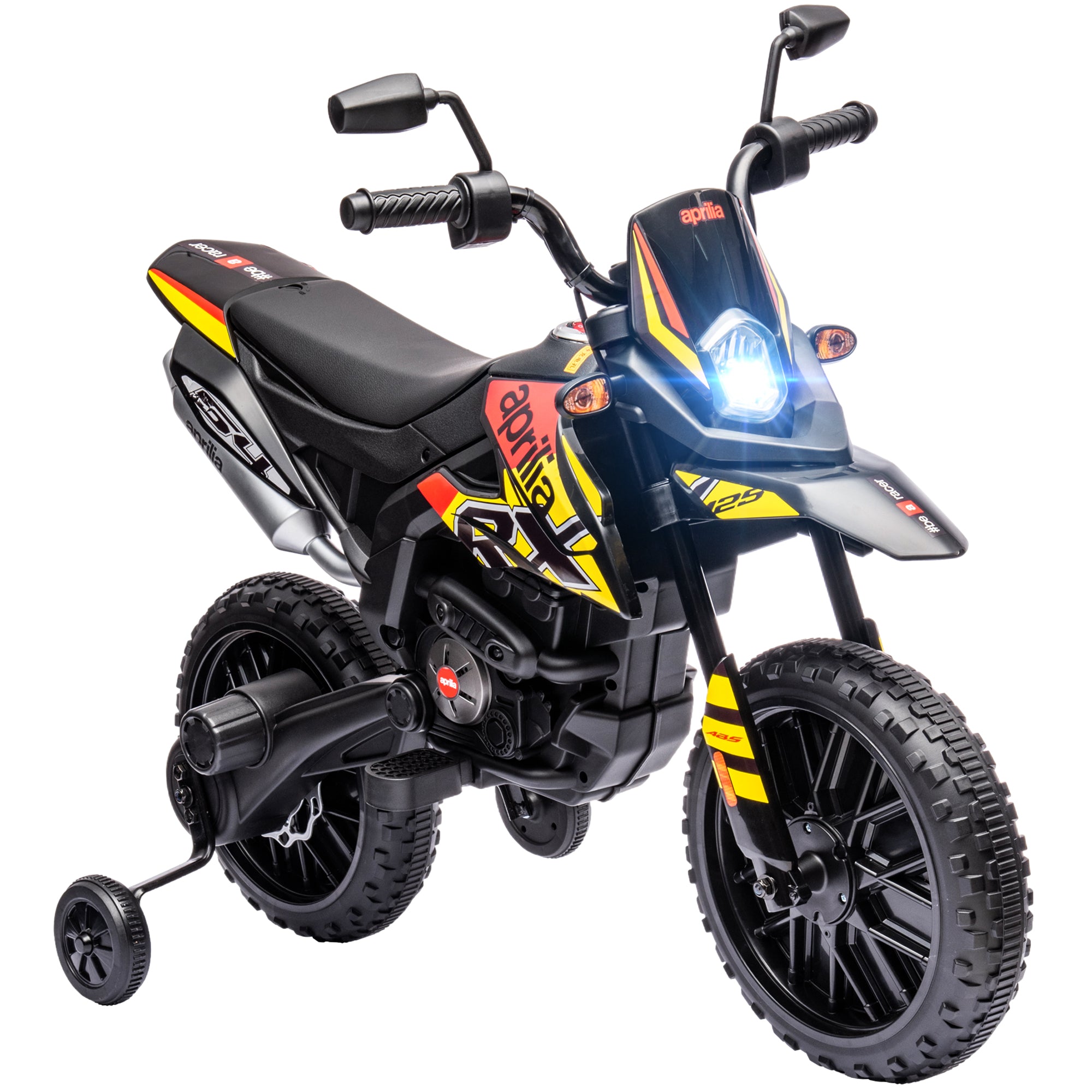 12V Aprilia Licenced Kids Motorbike with Training Wheels, Spring Suspension, LED Light, USB, Music, Yellow