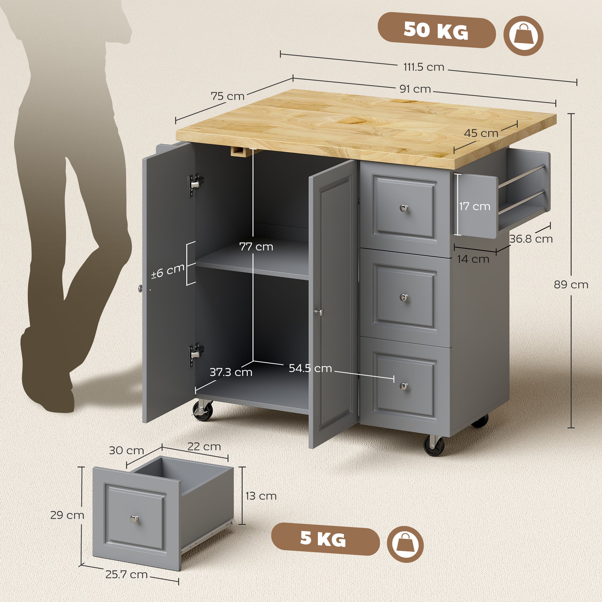 Kitchen Island on Wheels, Rolling Kitchen Storage Trolley with Drop Leaf, Drawers, Towel and Spice Rack, Grey
