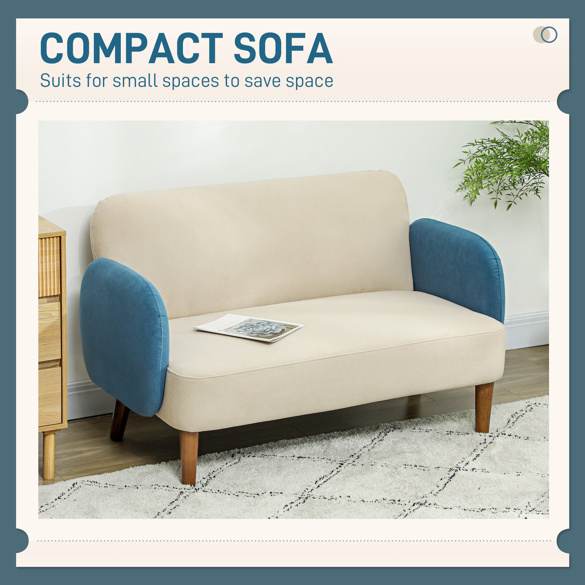 Two-Seater Velvet-Feel Mid Century Sofa - Cream/Blue