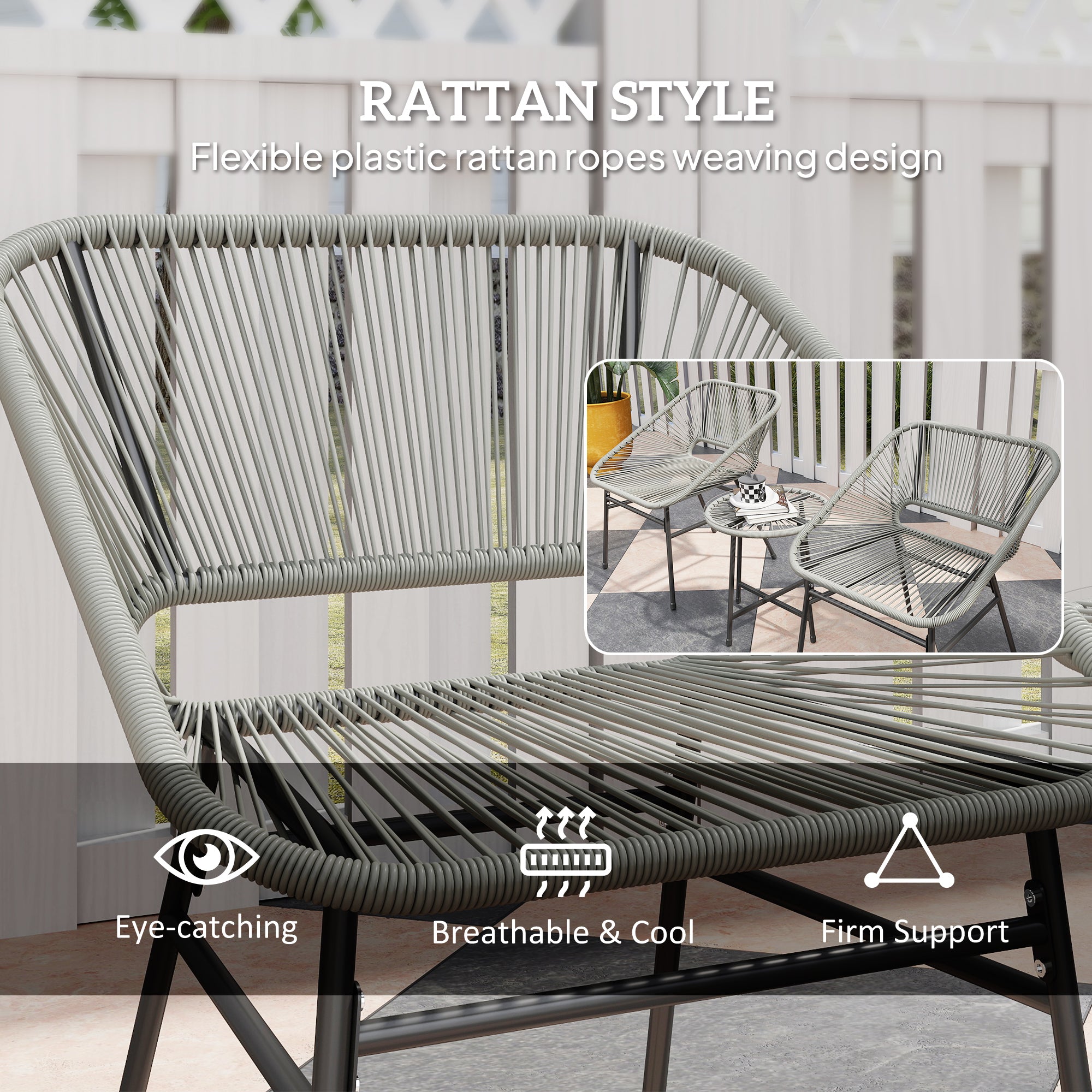 3 Piece Light Grey Rattan Bistro Set with Cushions and Glass Table