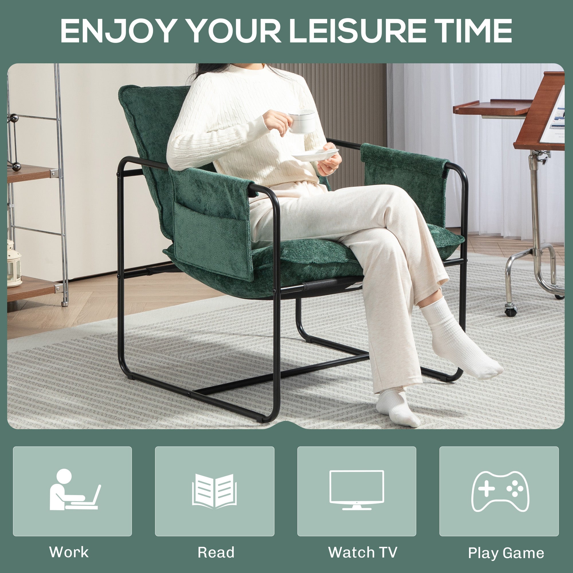 Minimal Padded Accent Chair with Side Pockets - Green