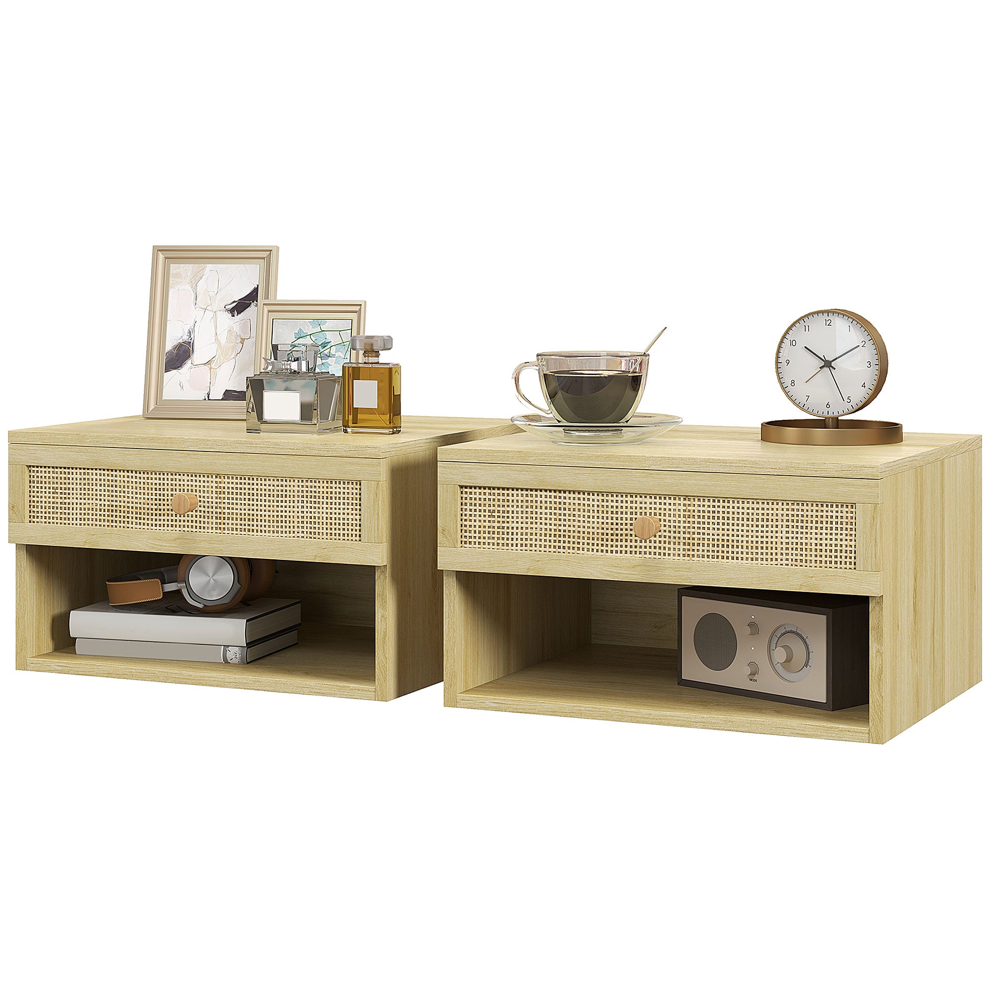 Set of Two Rattan Panel Floating Bedside Tables - Wood-Effect