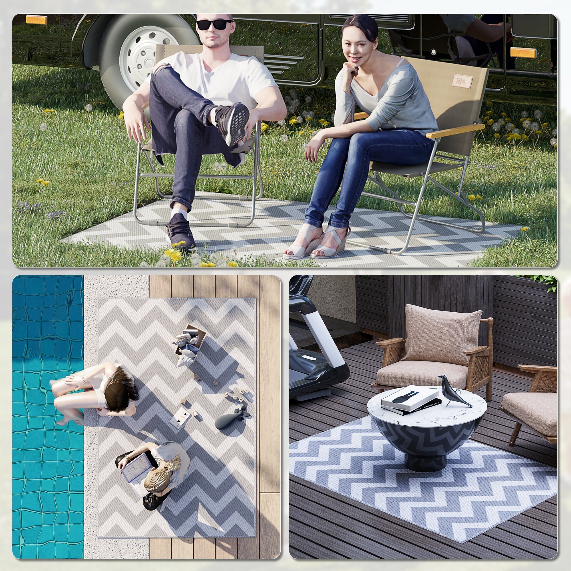 Waterproof Outdoor Camping Rug Mat 182x121cm Reversible - Light Grey White