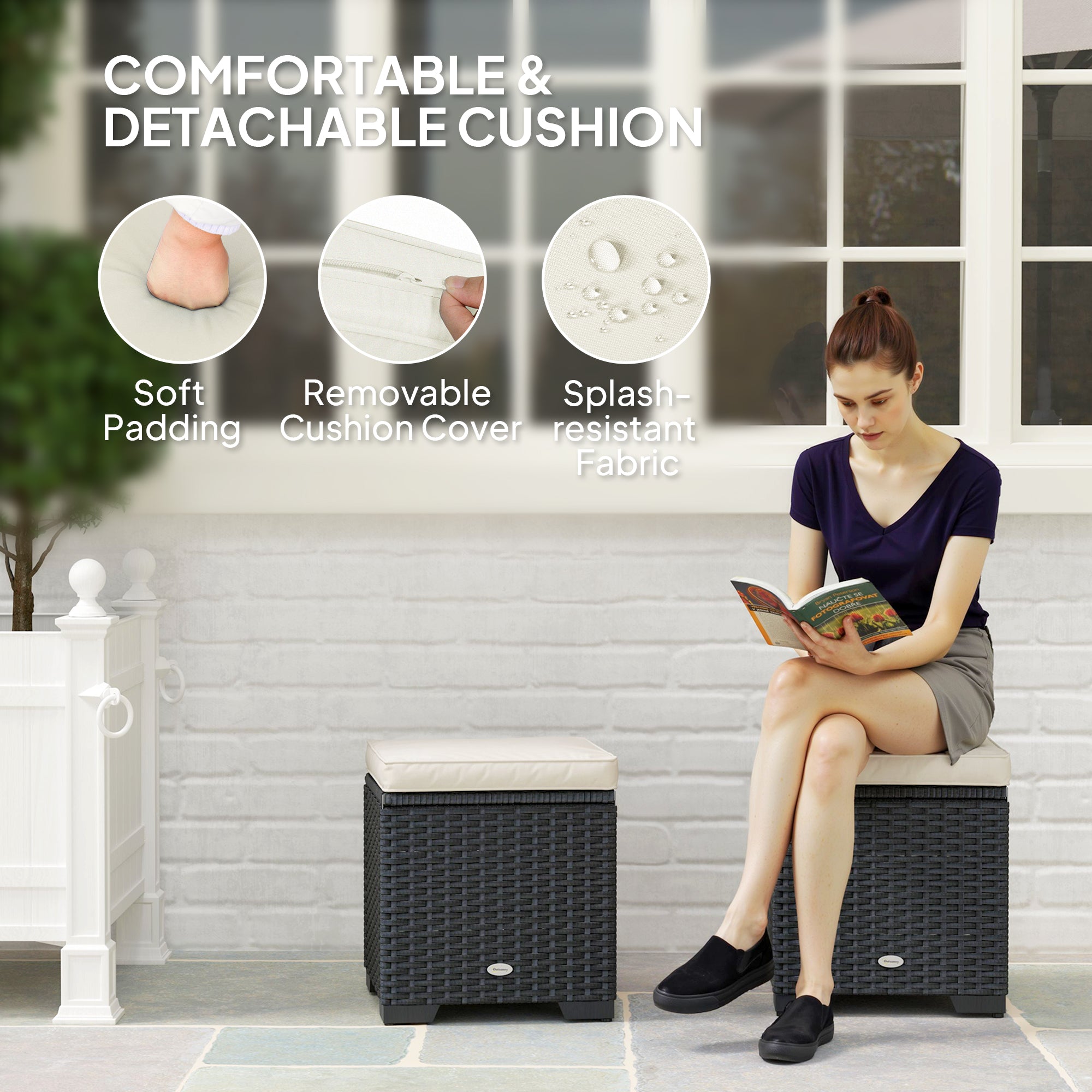 Set of 2 Rattan Storage Ottomans with Removable Cushions - Cream