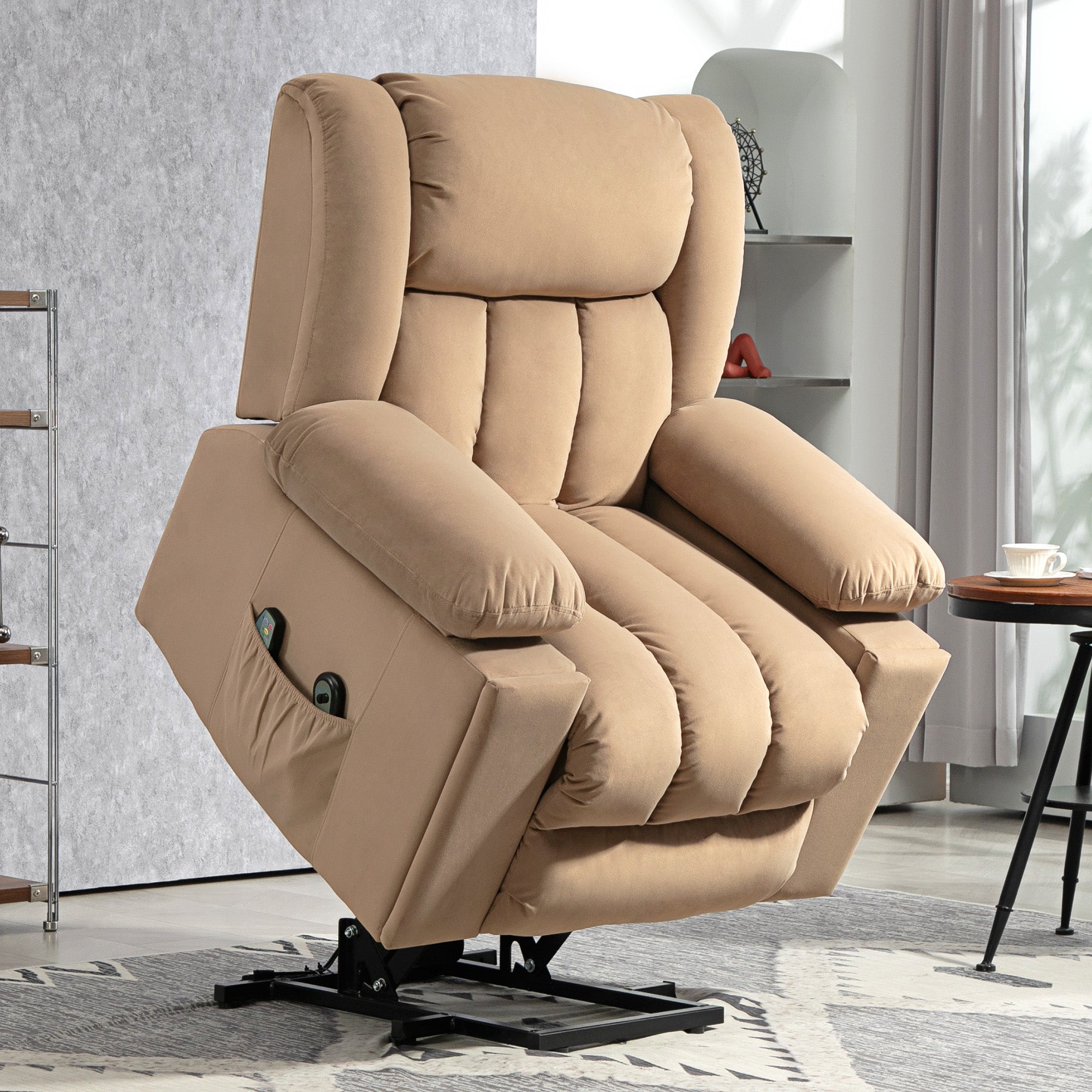 Power Lift Recliner Chair with Vibration Massage and Heat, Electric Lift Chair for Elderly, Overstuffed Fabric Riser and Reclining Armchair with USB Ports, Cup Holders, Light Brown