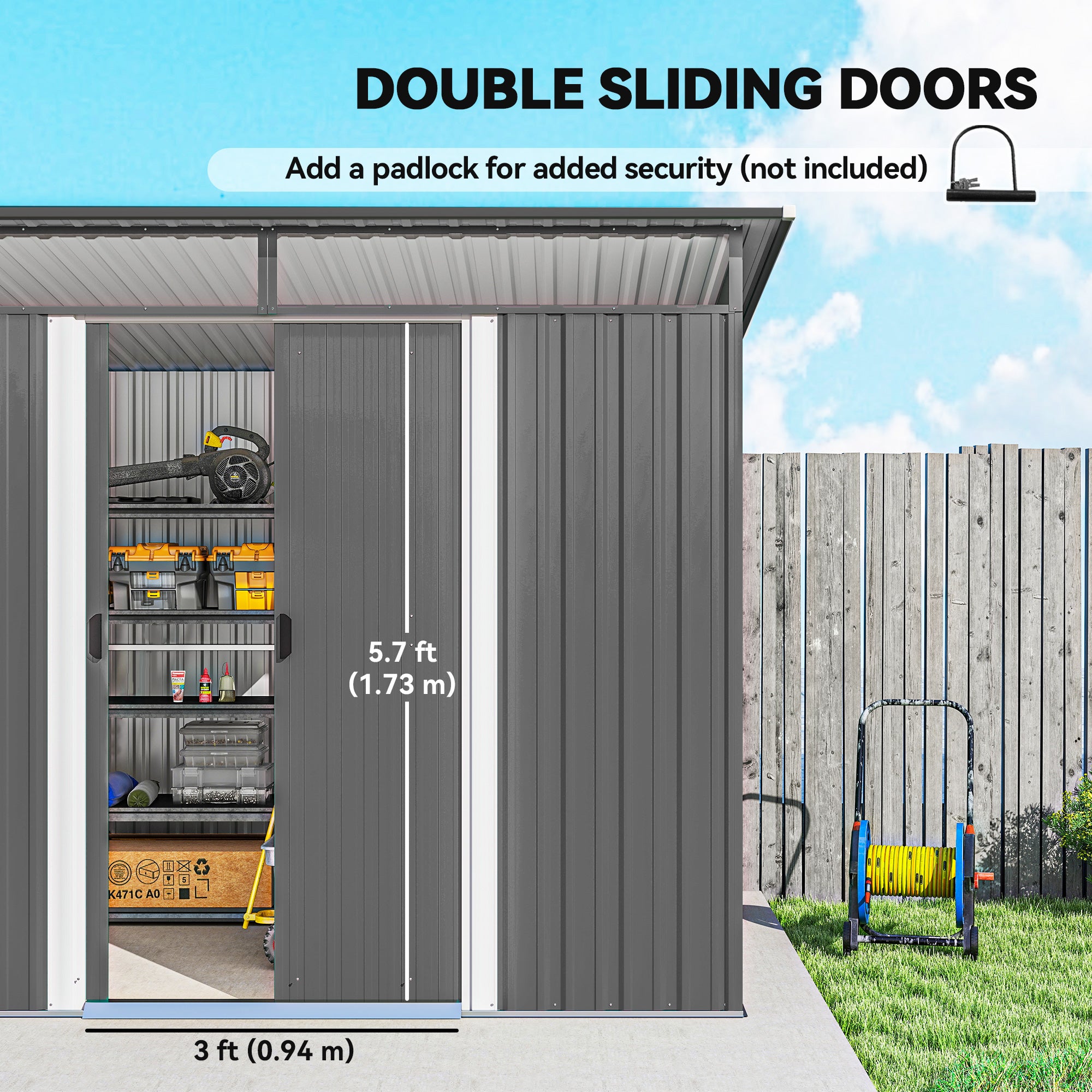 9ft x 6.5ft Garden Storage Shed with Top Window, Metal Outdoor Shed Tool House with Double Doors, Light Grey