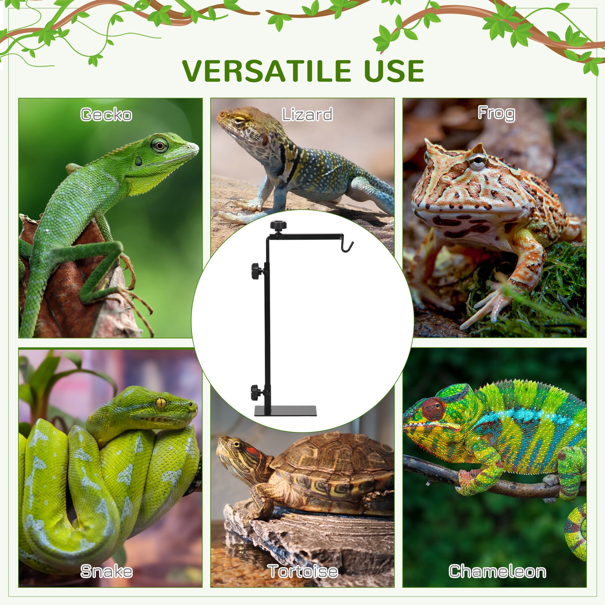 Adjustable Height and Length Reptile Lamp Stand Holder with Hook Hanging, Base - Black