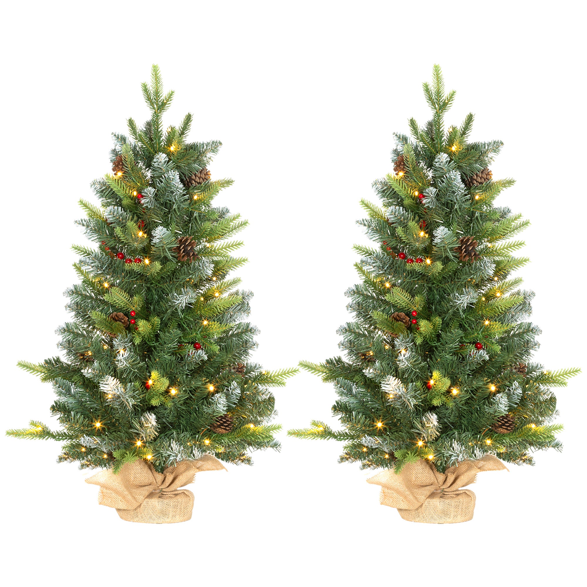 Set of Two 3ft Christmas Trees, with Lights, Berries and Pinecones