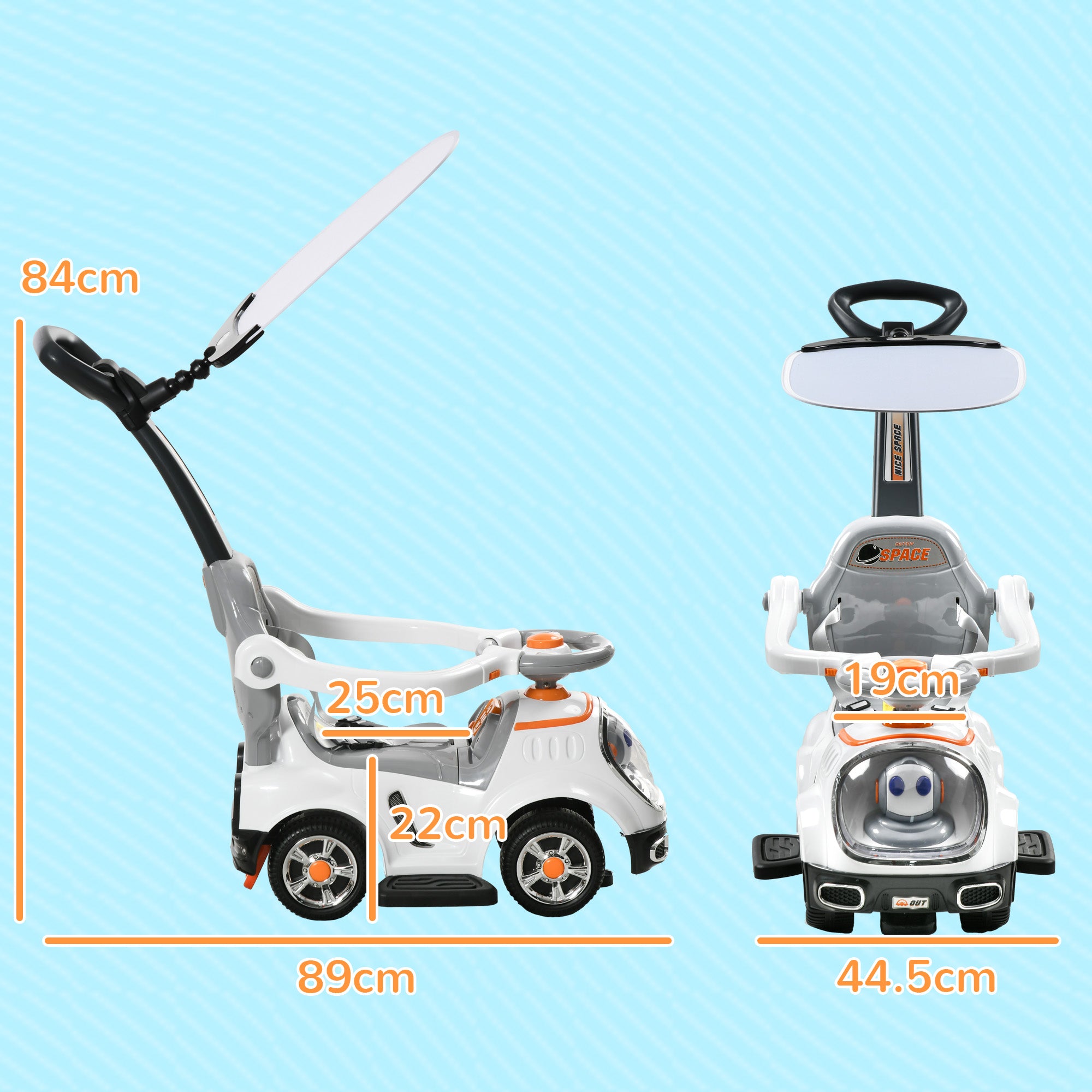 3 in 1 Ride on Push Car, Cartoon Robot Theme Foot to Floor Slider w/ Handle Light Music Horn, Storage - White