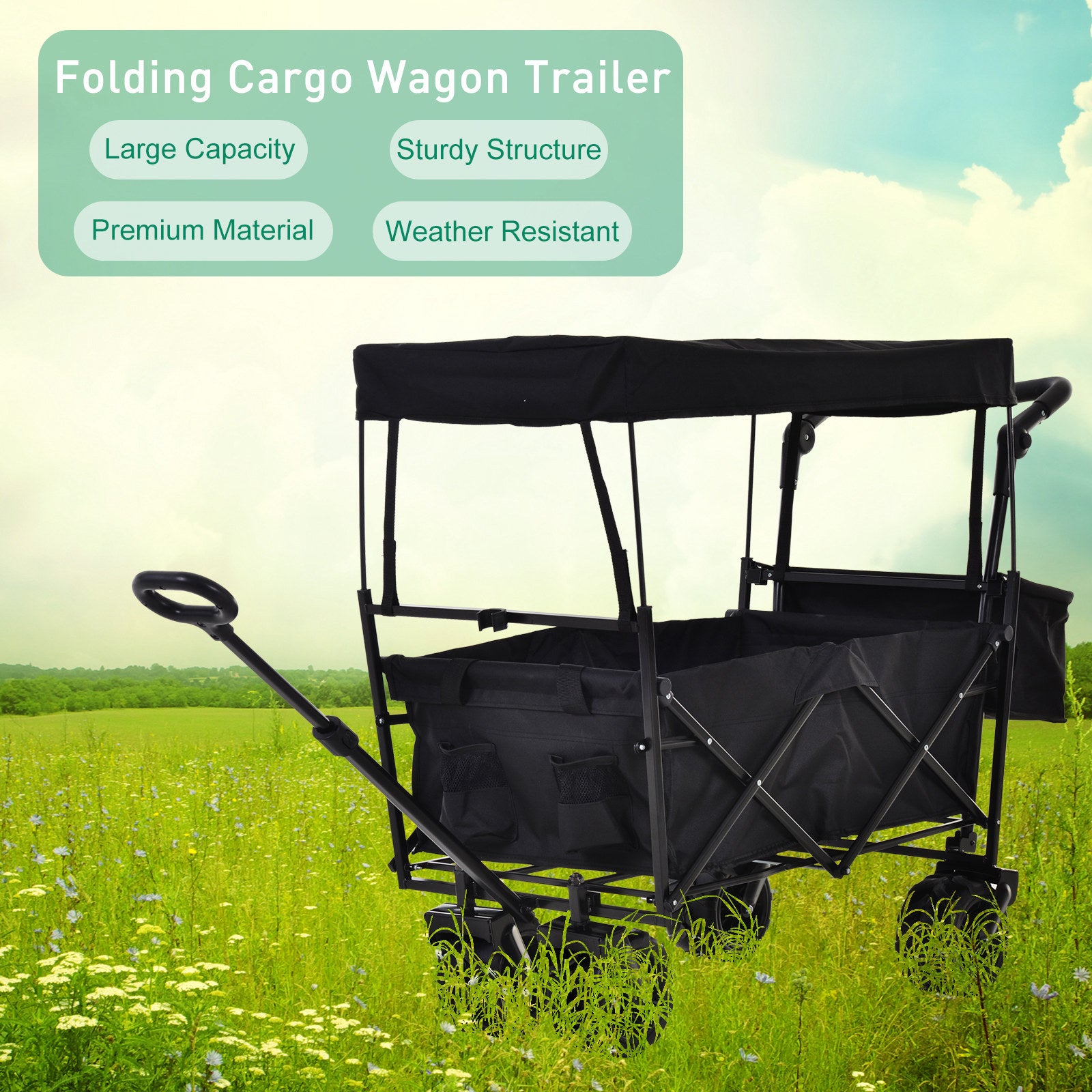 Folding Trolley Cart Storage Wagon Beach Trailer 4 Wheels with Handle Overhead Canopy Cart Push Pull For Shopping Camping Garden - Black