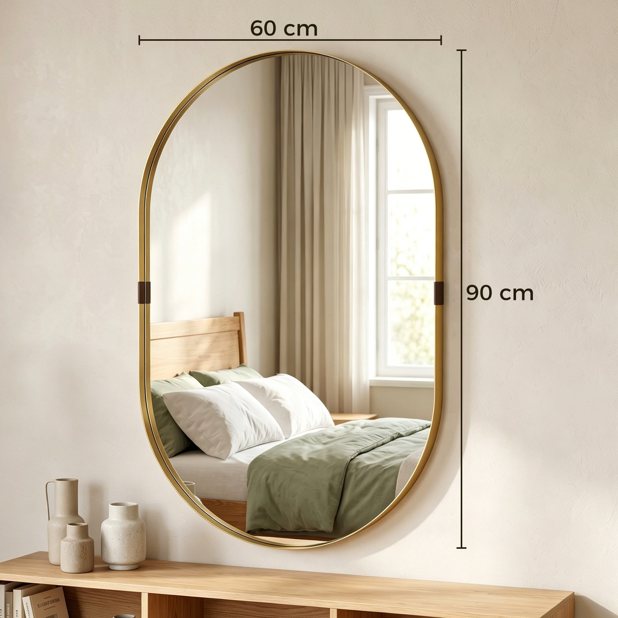 Wall Mirror, Bathroom Mirror with Elevated Aluminium Alloy Frame, 60 x 90 cm, Gold Tone