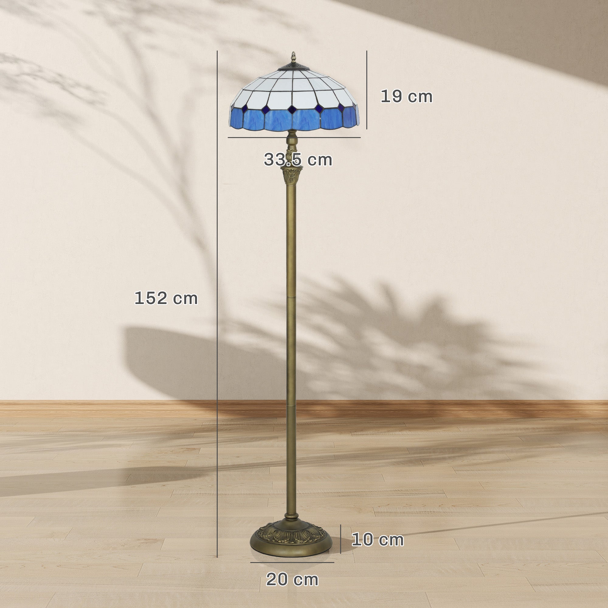 Tiffany-Style Floor Lamp with Handcrafted Stained Glass Shade, 152cm Tall Vintage Standing Lamp with Foot Switch and Dual Sockets for Living Room Bedroom, Bronze Tone and Blue