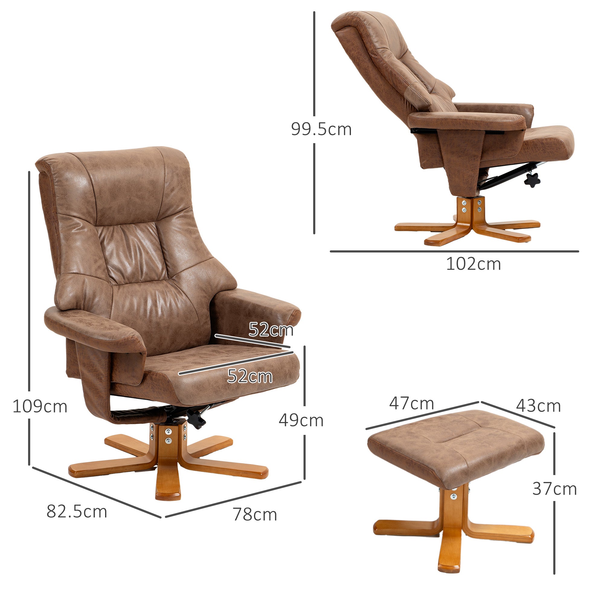 Recliner Chair With Footstool, Swivel Lounge Armchair, 135° Reclining Chair With Soft Padded Seat and Armrest For Living Room, Bedroom, Brown