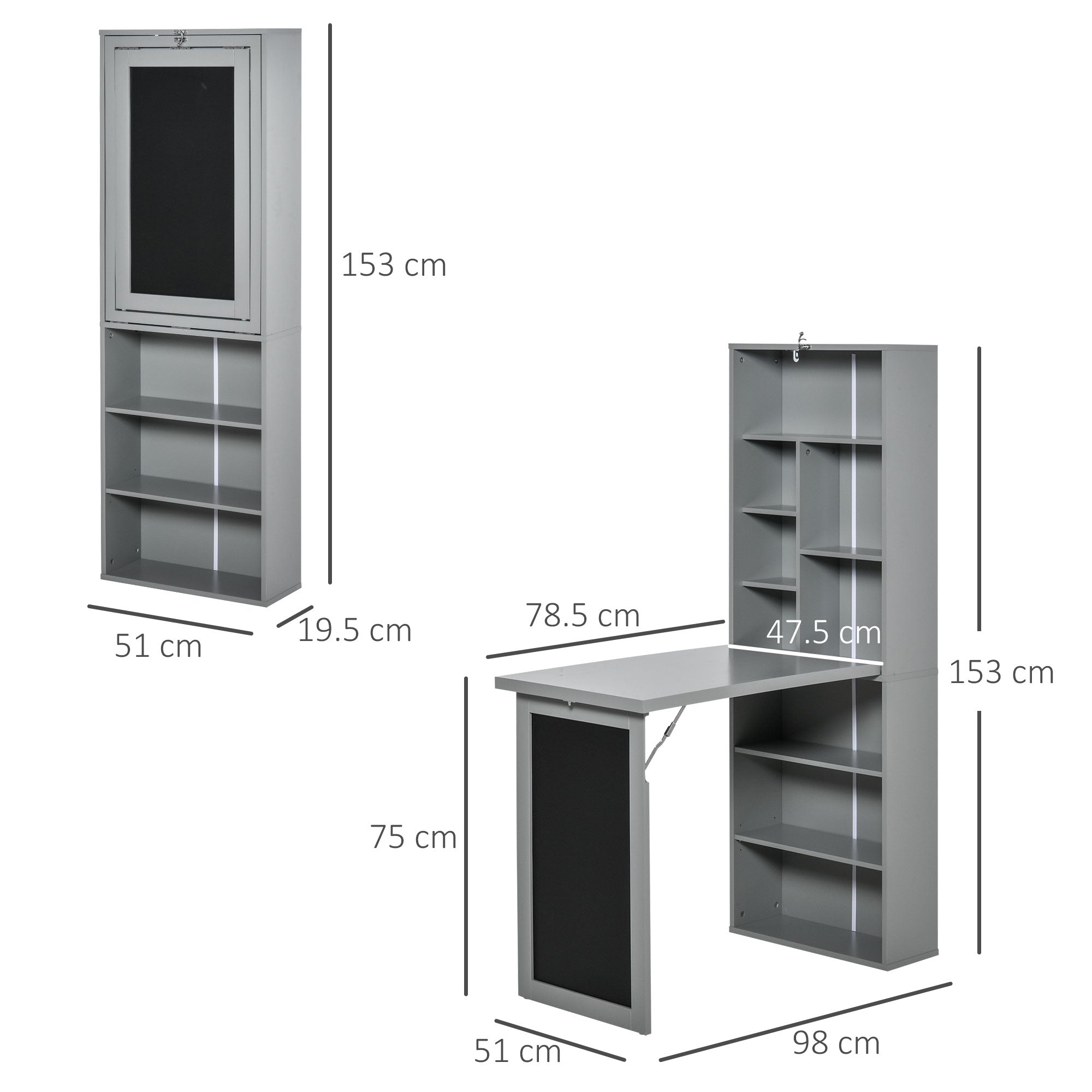 Folding Convertible Desk with Blackboard Multi-function Computer Office Workstation Side Shelf for Home Office, Grey