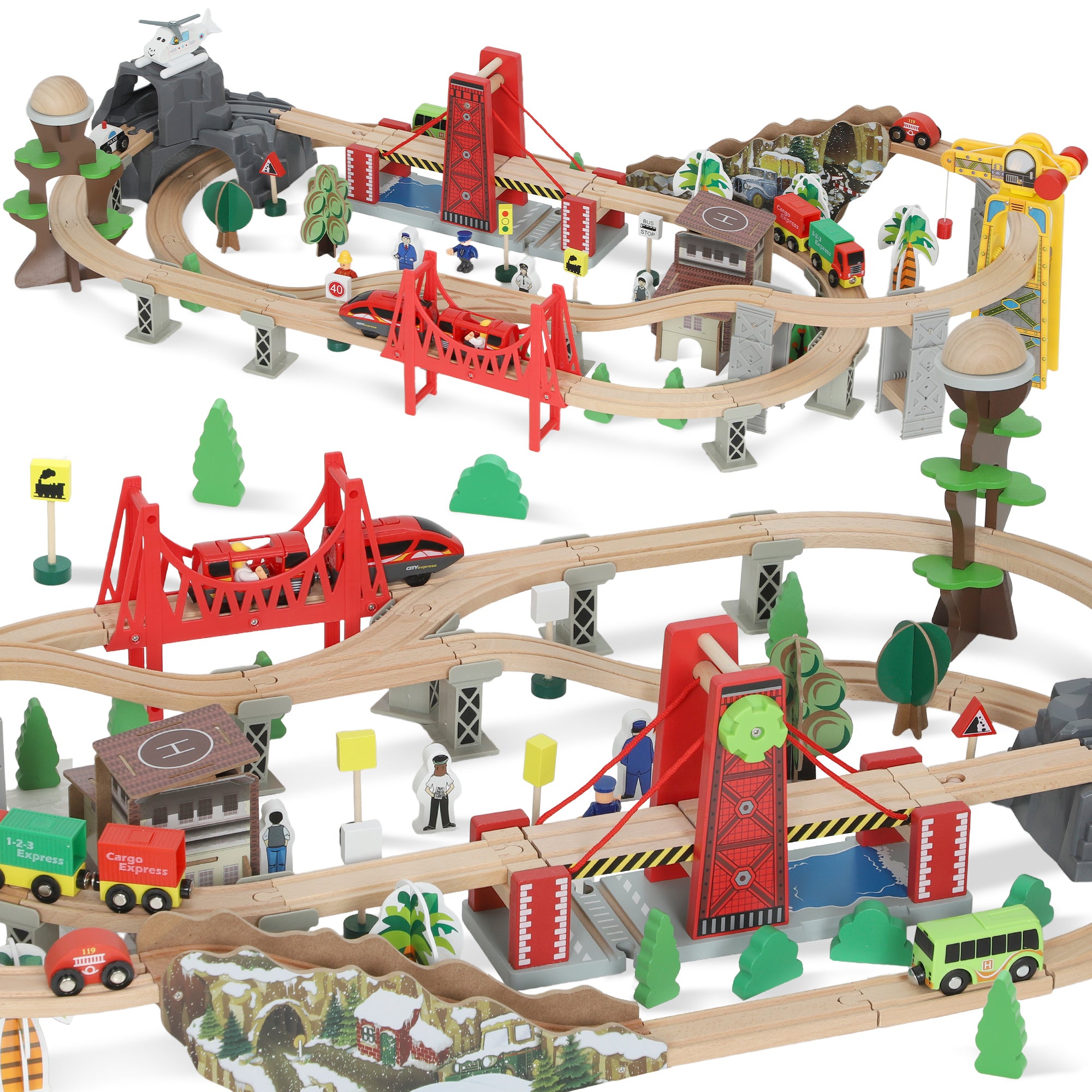 100 Piece Wooden Train Set for Kids 3+ Years with Track, Crane, Battery Operated Train