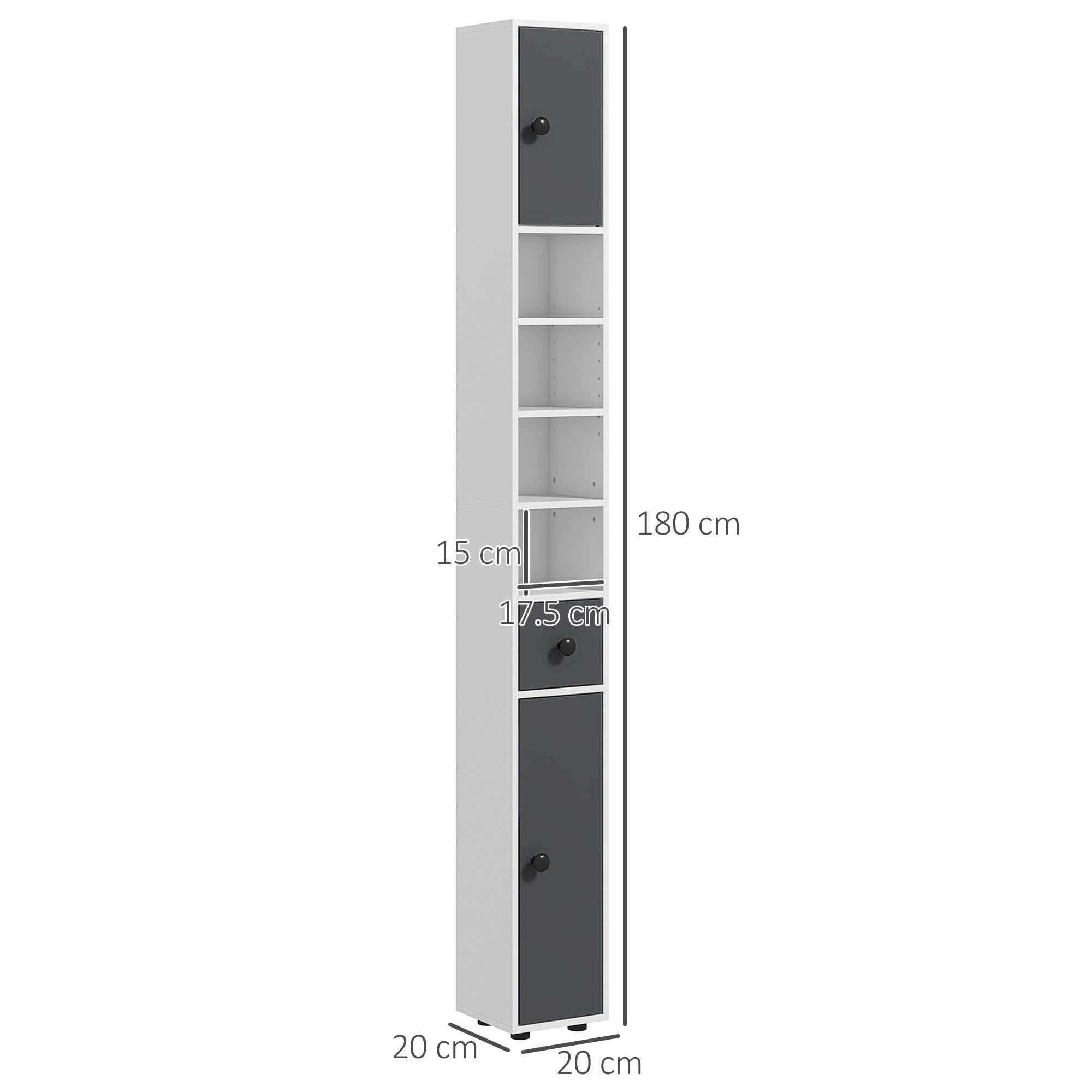 180cm Slim Bathroom Cabinet, with Drawer, Shelves and Cupboards - Grey