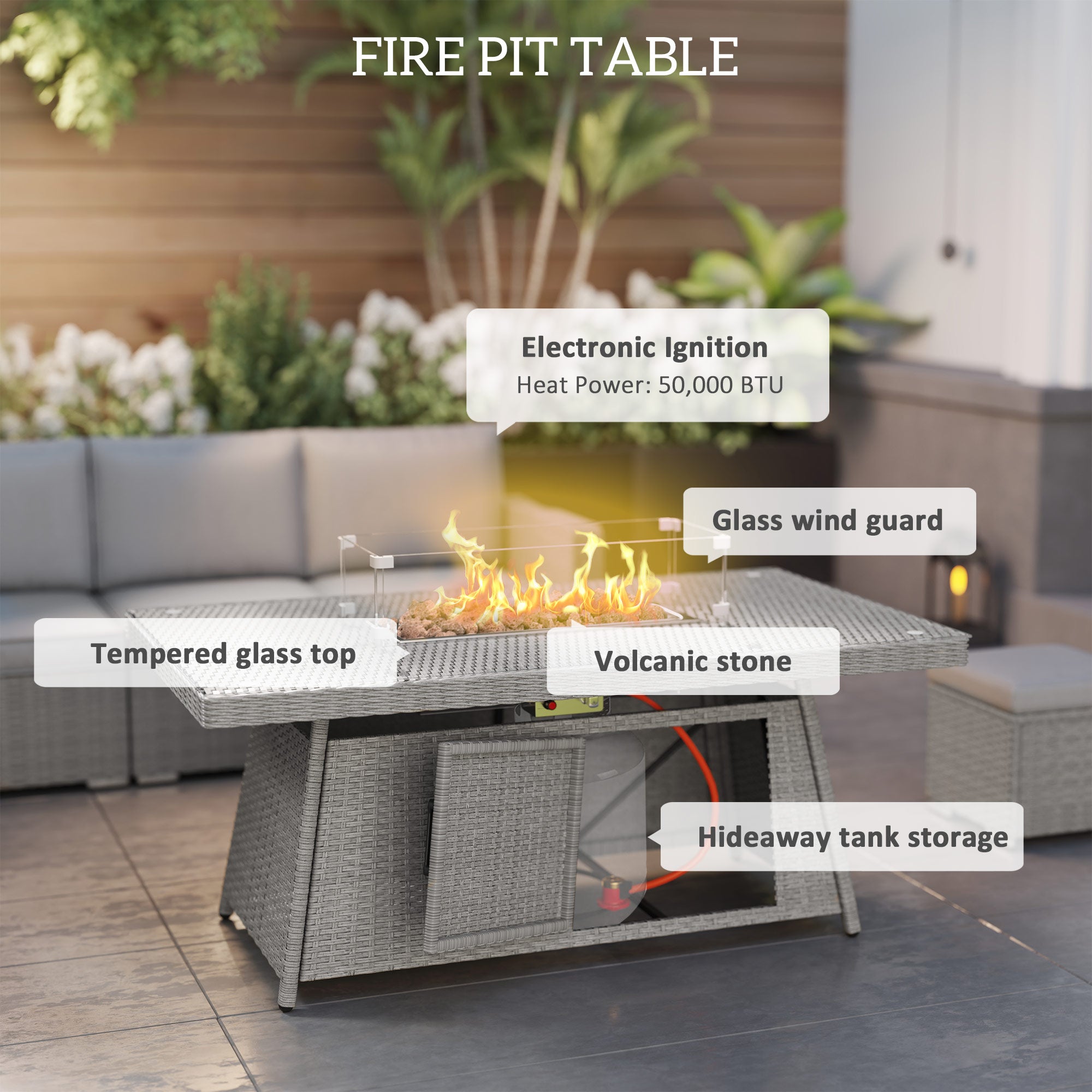 7 Piece Rattan Firepit Sofa Set with Gas Fire Pit Table - Grey