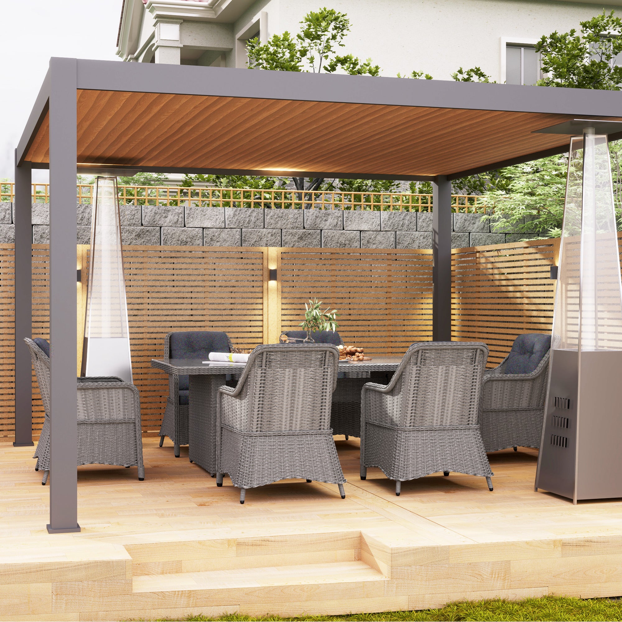 6 Seater PE Rattan Dining Set with Cushions and Glass Table - Grey