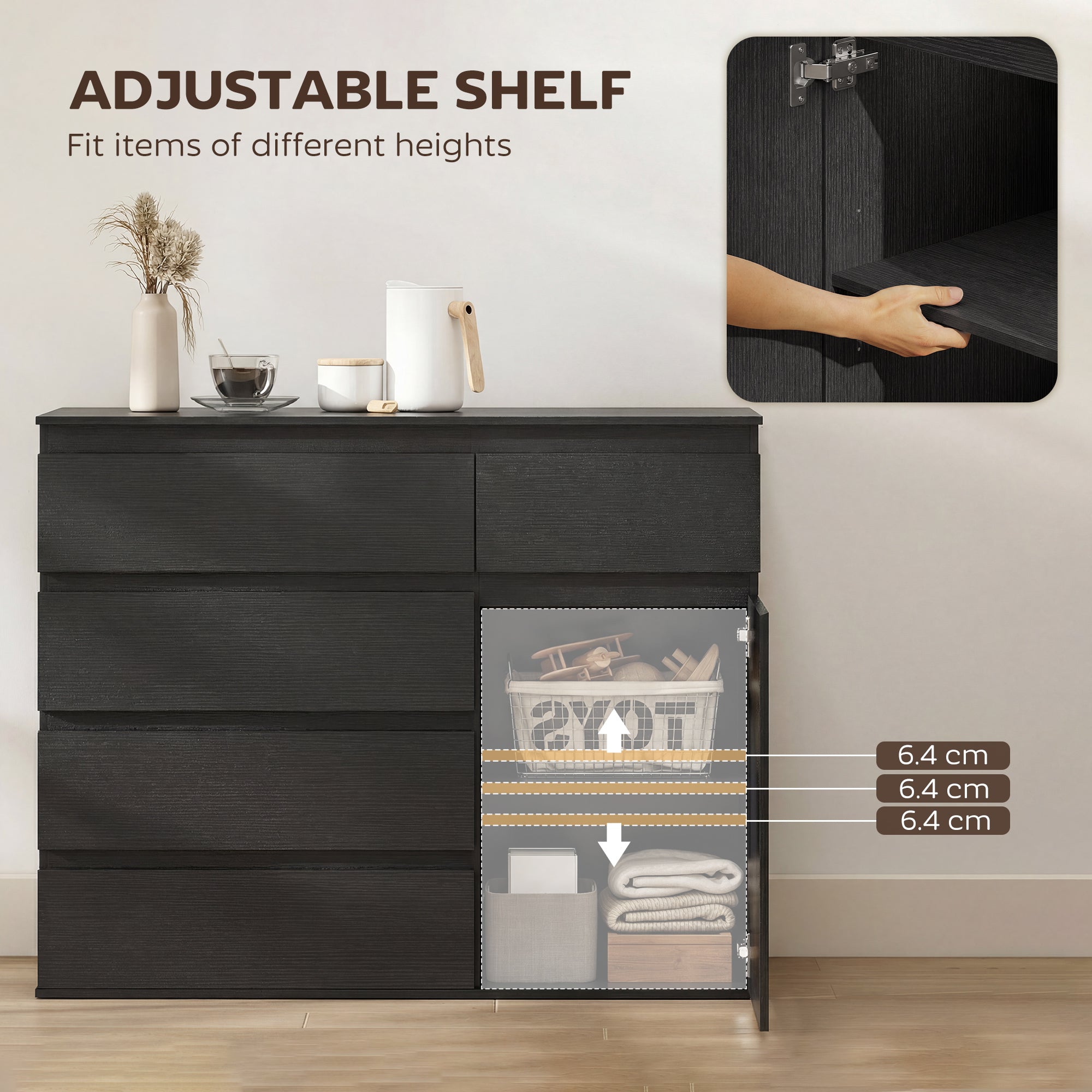 Modern Chest Of Drawers, 5 Drawer Dresser with Adjustable Shelf, Soft-Close Door, Black